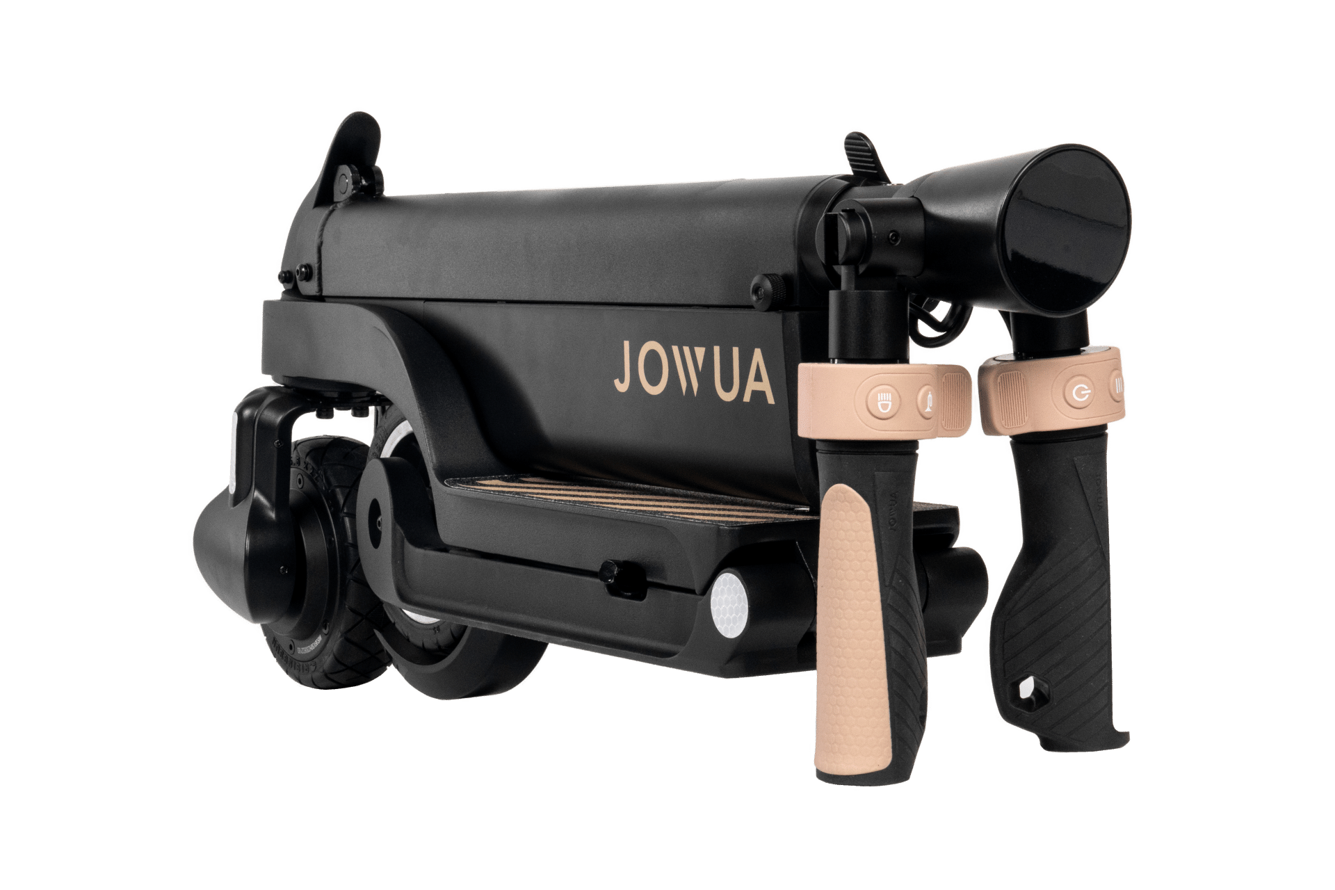 A compact, black and tan electric scooter with the brand name "JOWUA" prominently displayed, cleverly folded for easy storage. Featuring ergonomic grips and a sturdy frame, this Folding Electric Scooter (Long Range) for Tesla (S3XY) boasts a detachable battery for added convenience and enhanced portability.