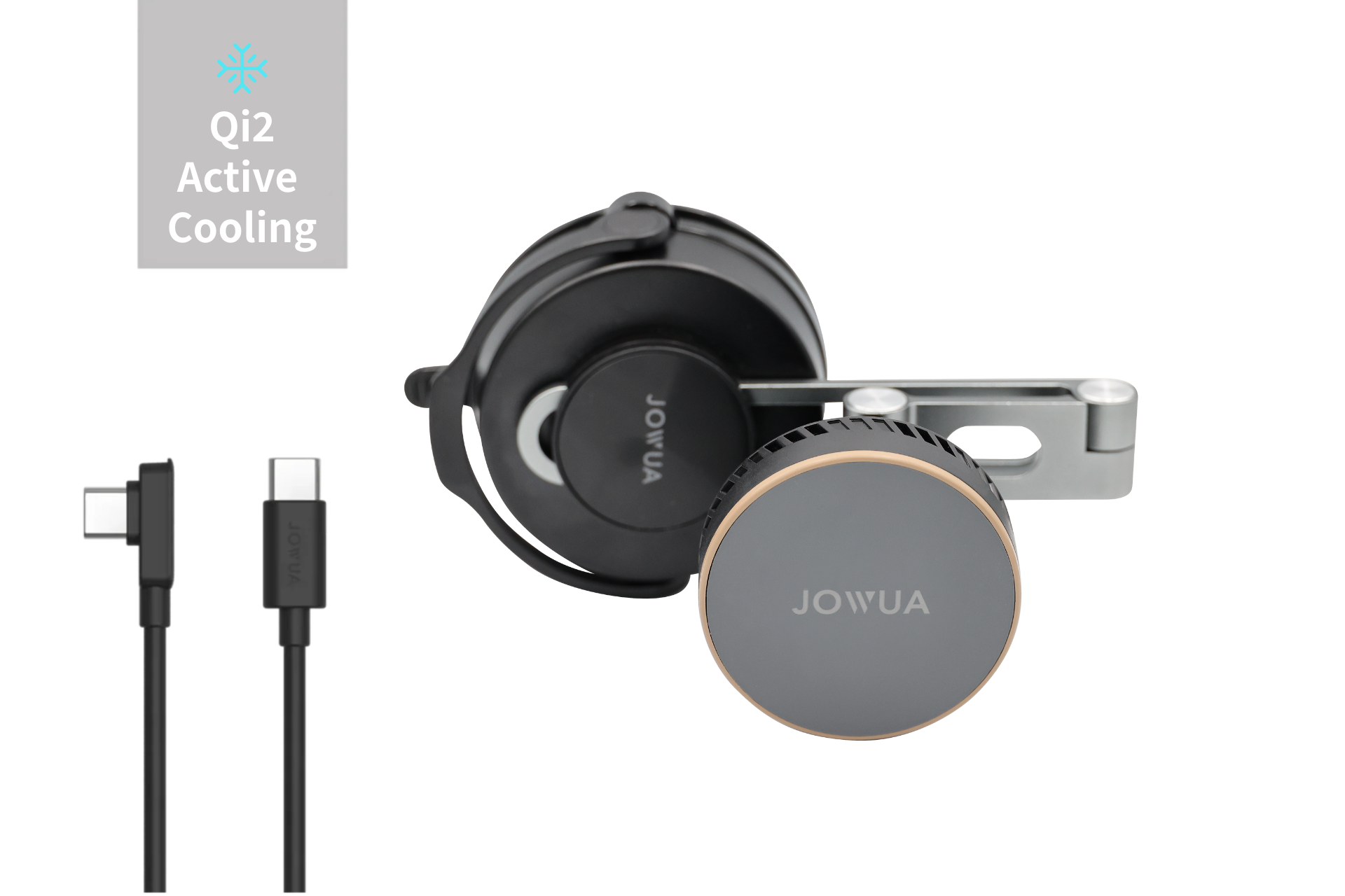 The JOWUA Active Cooling 6D Tesla Compatible Invisible Foldaway Car Mount Qi2 Wireless Charger (MagSafe) is shown with a USB-C cable and mounting bracket, labeled "Qi2 Active Cooling," on a light gray background.
