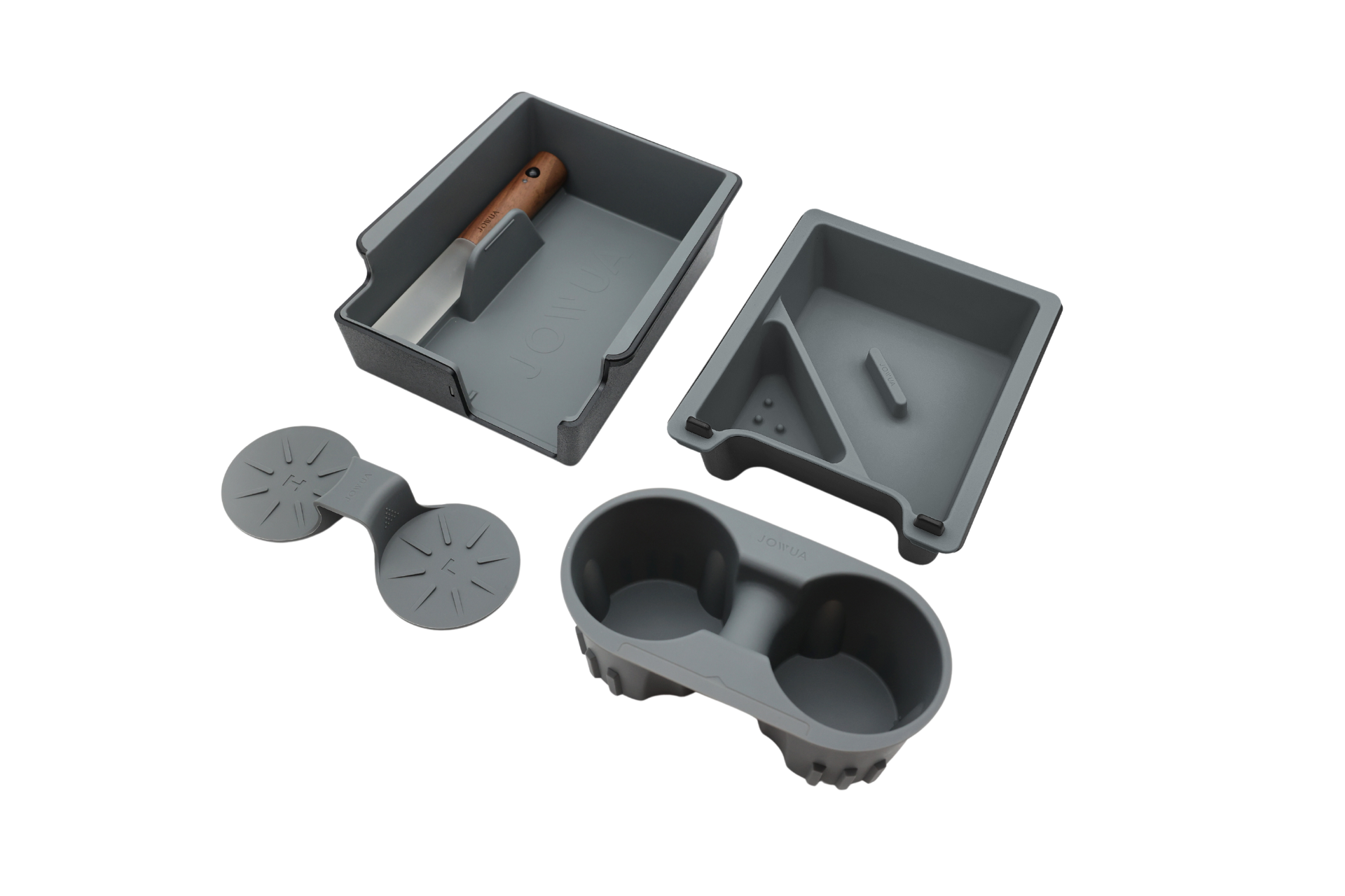 A collection of gray plastic storage containers with a divided interior, similar to the impeccably organized JOWUA LED Center Console Combo for Tesla Model 3/Y. Equipped with a handle and dual cup holder, these containers offer compartments for neatly arranging kitchen tools and accessories, and one even includes a spatula.