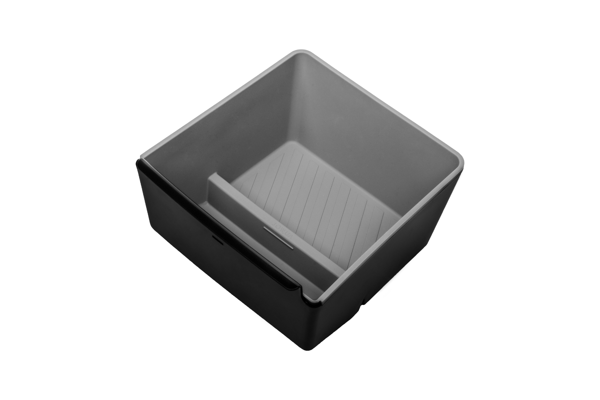 Experience the premium design of JOWUA's Armrest Organizer for Tesla Model S/X—a product highlighted against a sleek black background. Its rectangular shape mirrors the high edges and groove design, reminiscent of a paint tray with a textured ramp, akin to that rear compartment innovation seen in Tesla models.