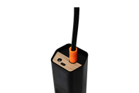 Close-up of the JOWUA Portable Air Compressor for Tesla & Tire Valve Caps Combo, showcasing its black electronic body with a wooden top panel reminiscent of Tesla
