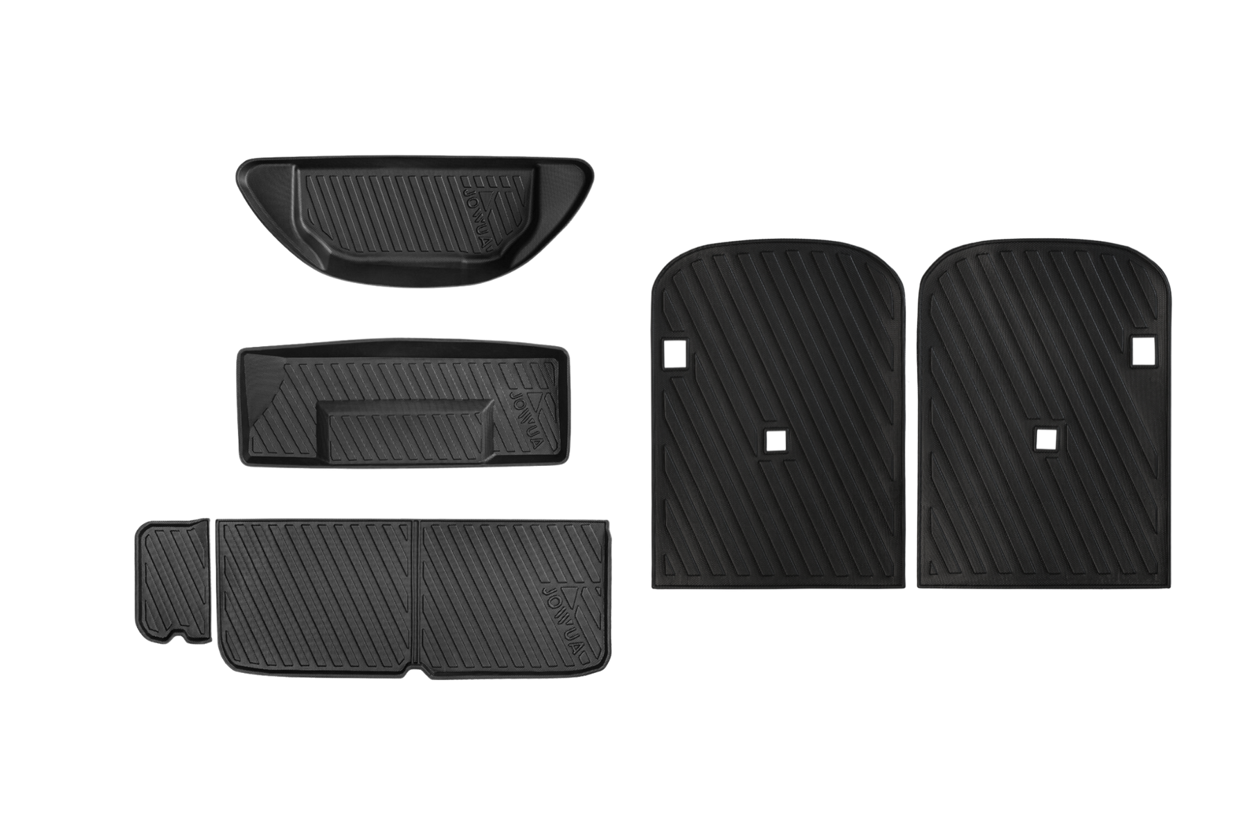 A set of black JOWUA All-Weather Shield floor mats, crafted from TPE material, is displayed on a white background. The mats feature ribbed, textured designs for enhanced grip and are specifically shaped to fit various areas of the interior of a Tesla Model X (2021+), including the front, rear, and center console.