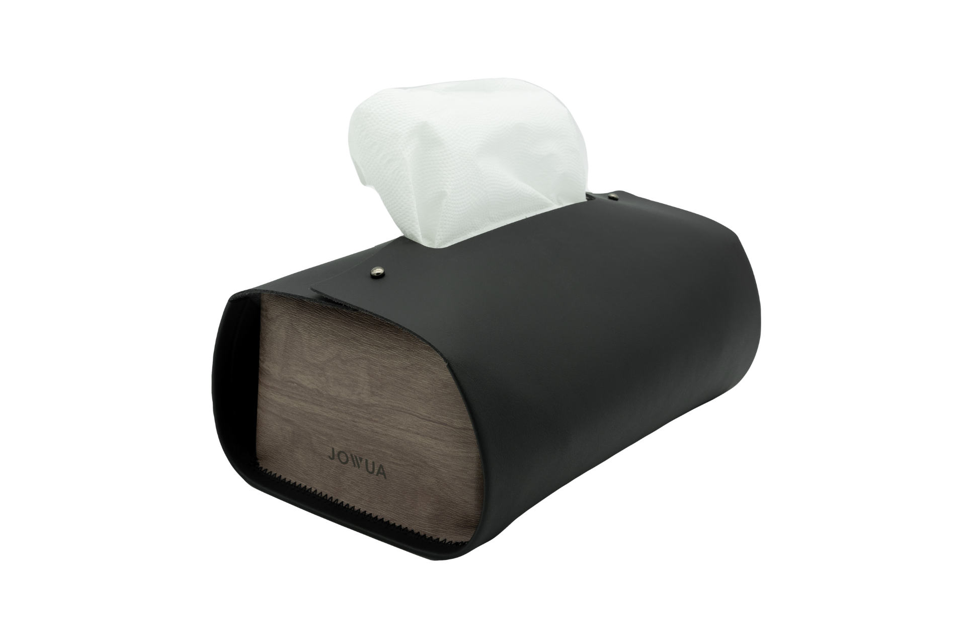 The JOWUA MagSafe Tissue Box Cover, featuring a rectangular shape and a black microfiber leather finish, is ideal for Model 3/Y interiors. Its sleek design is enhanced by a wooden base with the brand name "JOWUA" engraved on the side, and it elegantly holds a white tissue that protrudes from its top opening.
