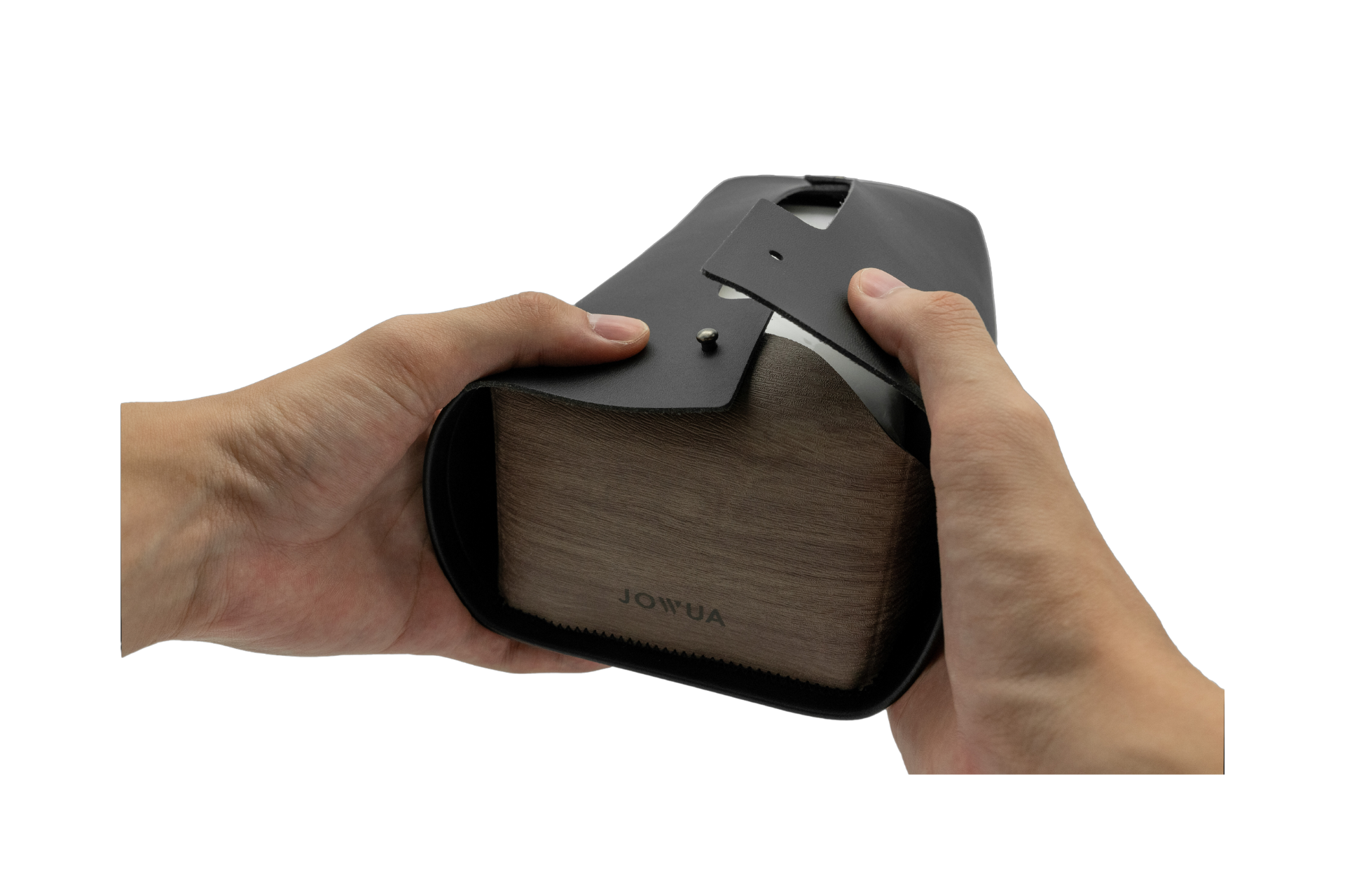 Hands are holding a MagSafe Tissue Box Cover by JOWUA, crafted from premium microfiber leather. Although the sleek design is not for an eyeglass case, it still exudes luxury similar to Model 3/Y accessories.