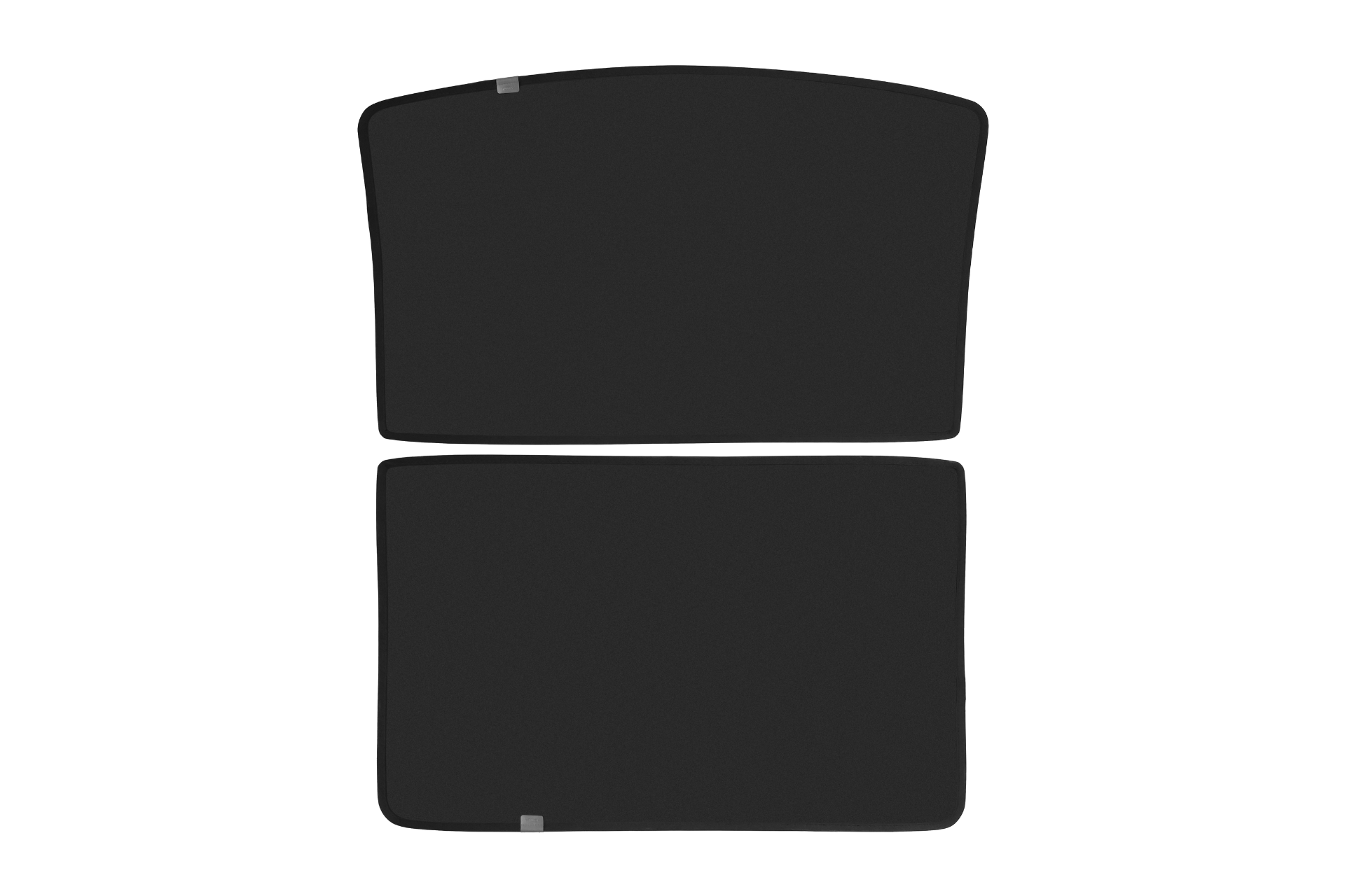 Two black, slightly curved, rectangular sunshades, one positioned above the other, with small gray tabs on top. The JOWUA Model S Glass Roof Sunshade is crafted with mesh fabric for enhanced breathability and UV protection, providing cushioning and protective features.