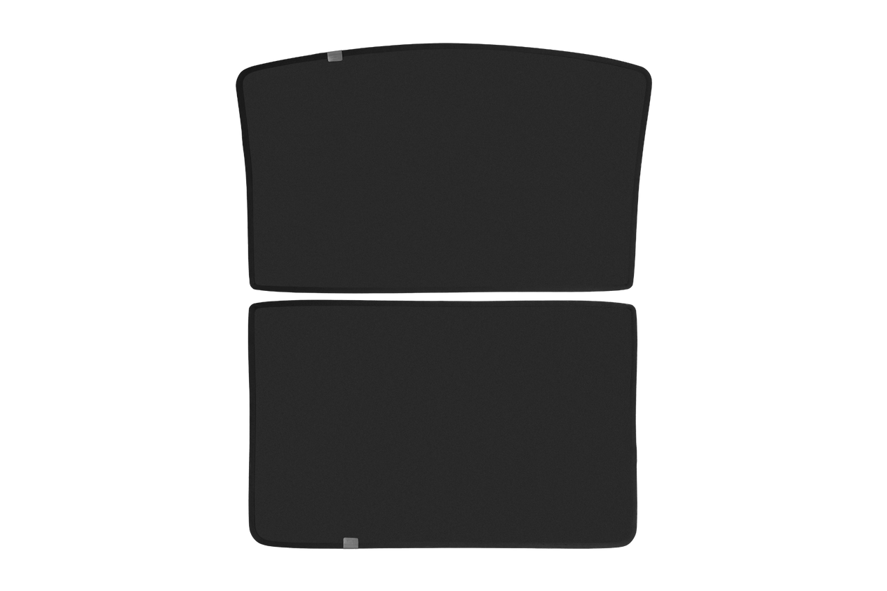Two black, slightly curved, rectangular sunshades, one positioned above the other, with small gray tabs on top. The JOWUA Model S Glass Roof Sunshade is crafted with mesh fabric for enhanced breathability and UV protection, providing cushioning and protective features.