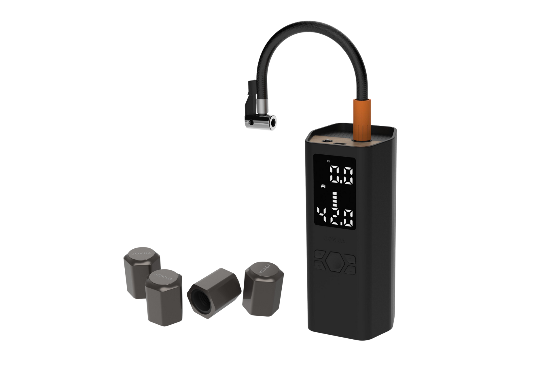 The 100W Portable Air Compressor + Charging Solution Kit by JOWUA includes a flexible hose, digital display, control buttons, and is ideal for Tesla accessories. It comes with four gray valve caps placed beside the device for convenience.