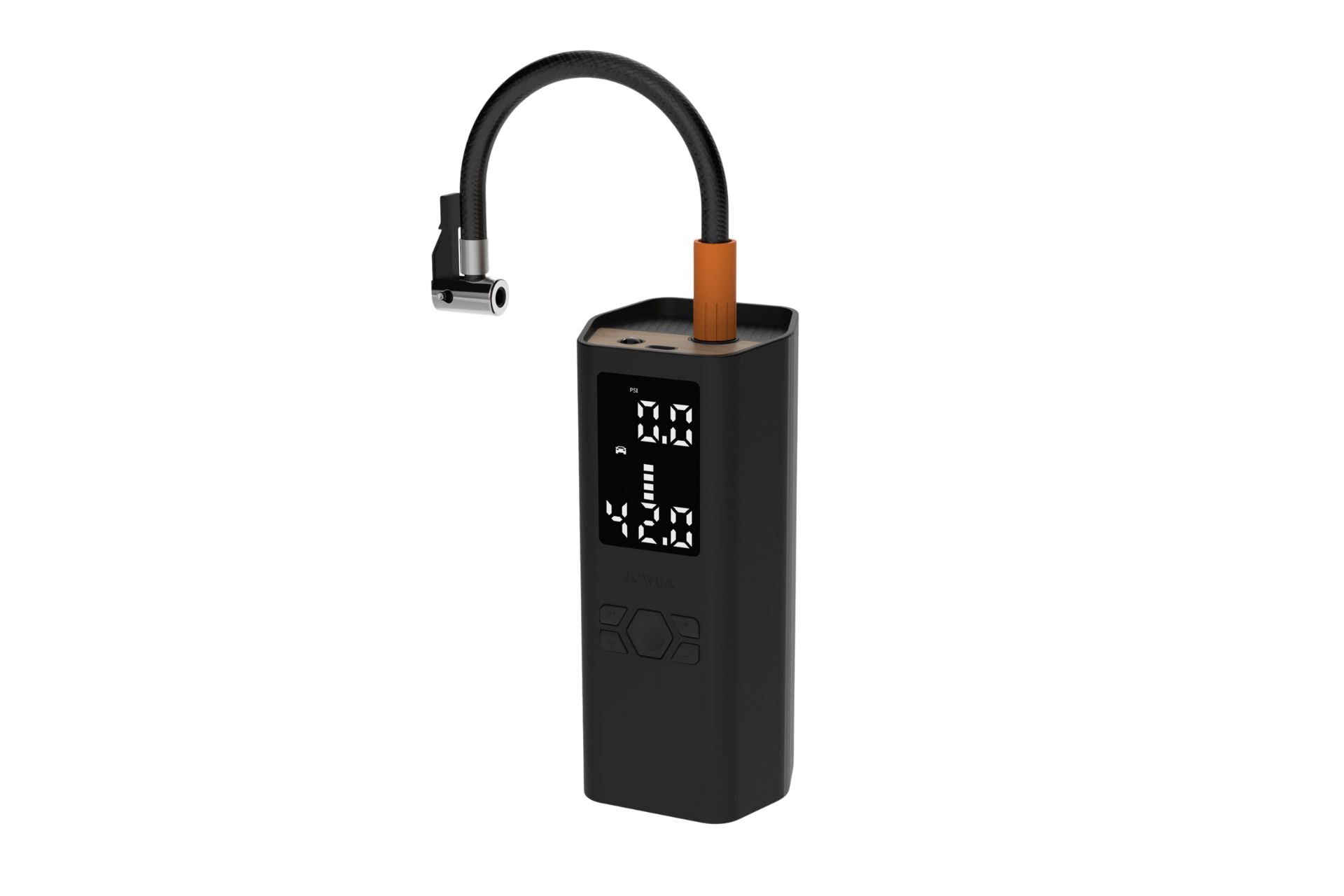 The JOWUA electronic air pump, sleek and portable in black with a "00" and "0.00" digital display, includes a flexible hose with a metal nozzle. Perfectly designed for the Tesla Model Y Juniper (2025+) Premium Bundle, it offers effortless wireless charging integration.