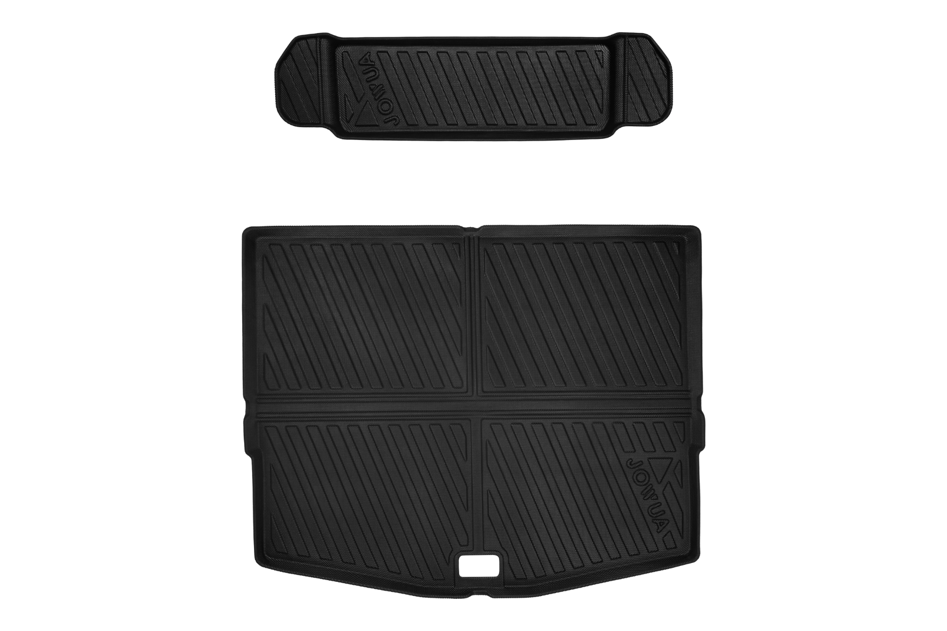 The image displays two black rectangular JOWUA all-weather trunk liners designed for the Ford Mustang Mach-E. They feature a textured, grooved pattern and have branding in the corner. One liner is larger than the other, likely intended for different areas of the vehicle.