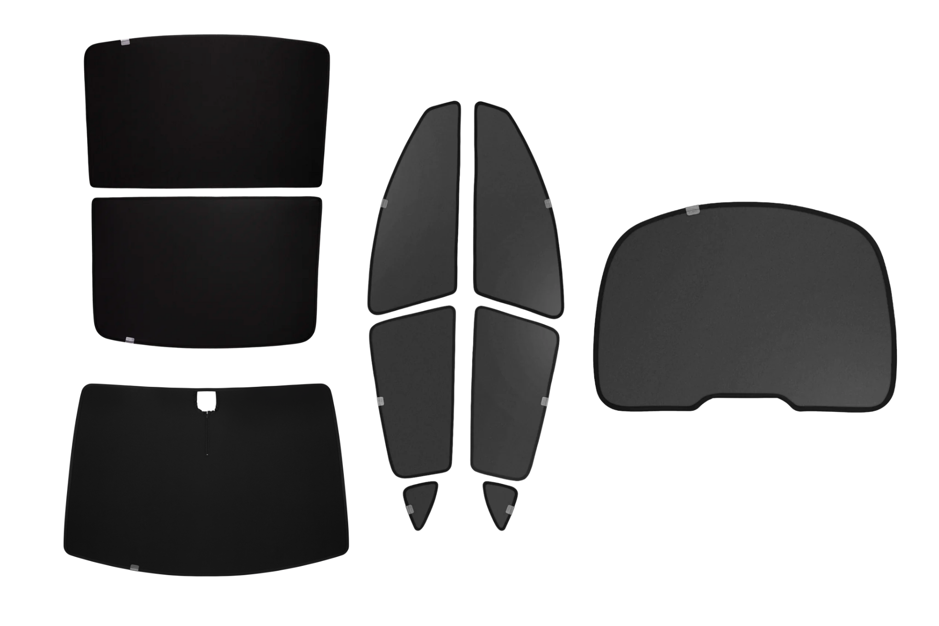 The Model Y Ultimate Sunshade Bundle from JOWUA includes a set of six black car window sunshades made with Dark Matter mesh fabric, shown against a white background. These sunshades are designed to fit various windows, providing UV protection and tailored compatibility specifically for the Tesla Model Y, ensuring cool comfort on every drive.
