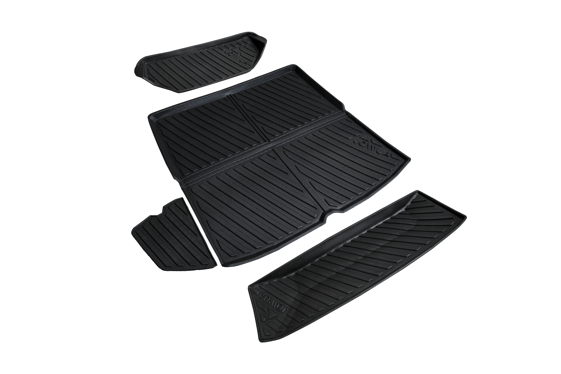 The JOWUA Model S All Weather Trunk Liners are a set of black rubber car floor mats featuring grooved patterns, specifically designed for the Tesla Model S. This set includes two front mats, two rear mats, and one large trunk mat.