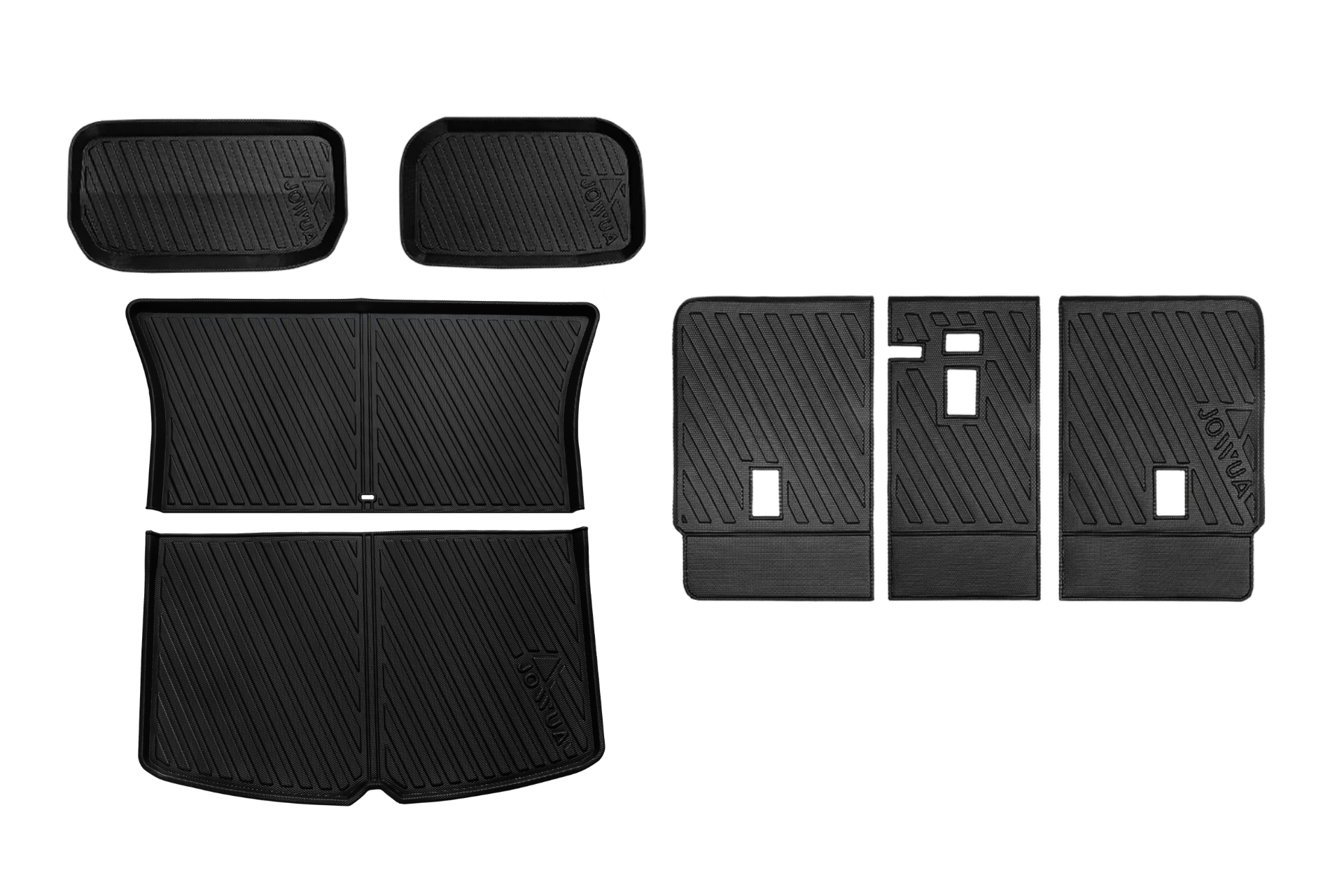 A JOWUA Model Y EasyShield Waterproof Trunk Liner and Rear Seats Back Cover Bundle (Juniper 2025+/2018-2024), shown neatly arranged on a white background, designed for full Tesla Model Y interior protection.