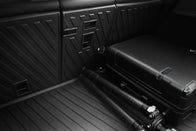 Close-up of a Model Y trunk with a black suitcase and folded tripod on the JOWUA Model Y EasyShield Waterproof Trunk Liner + Rear Seats Back Cover Bundle (Juniper 2025+/2018-2024), featuring textured black geometric patterns.