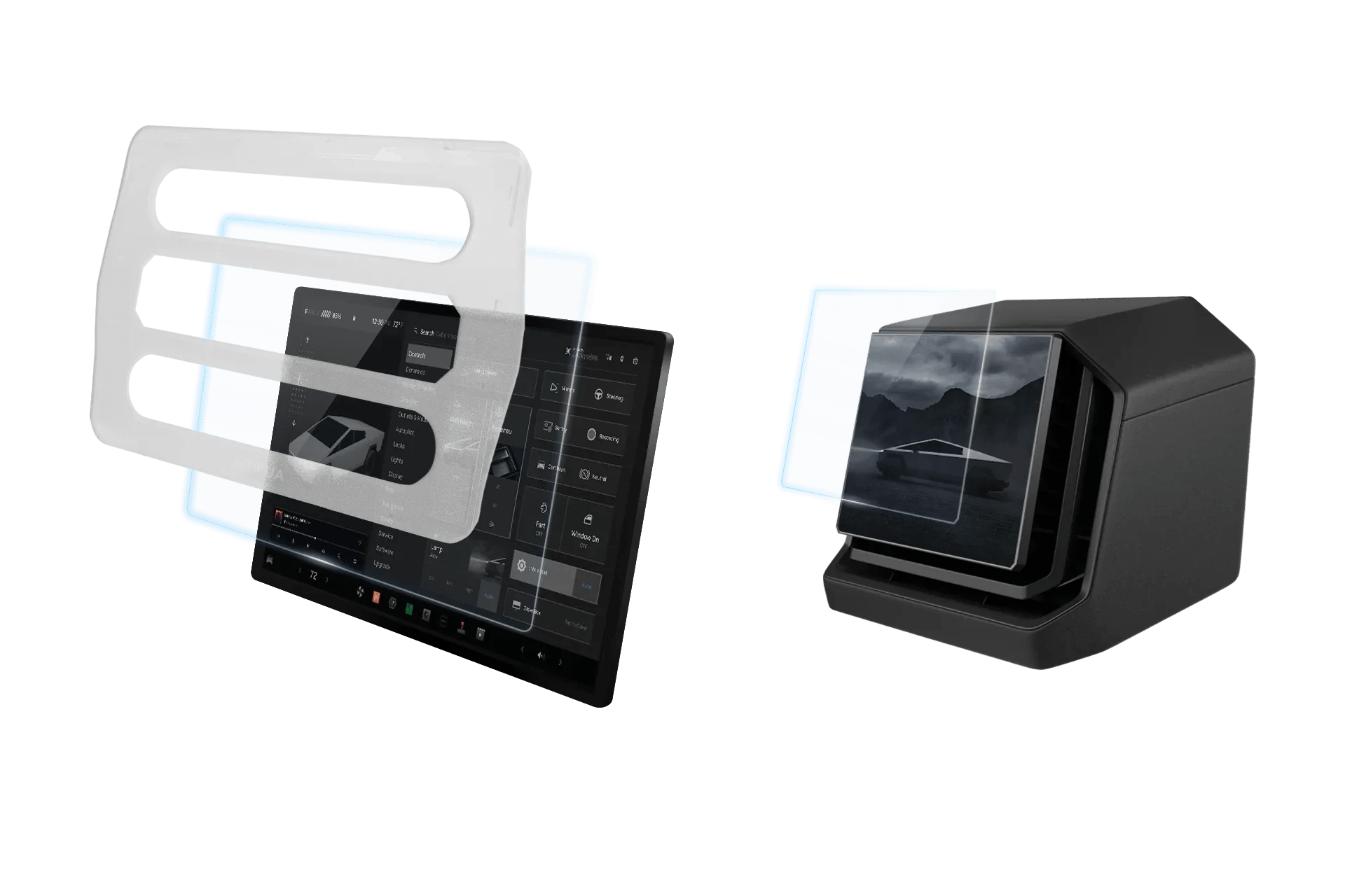 Two JOWUA Tempered Glass Screen Protectors for Cybertruck—one large, one small—float above each touchscreen display; both feature a matte anti-glare finish against a plain white background.