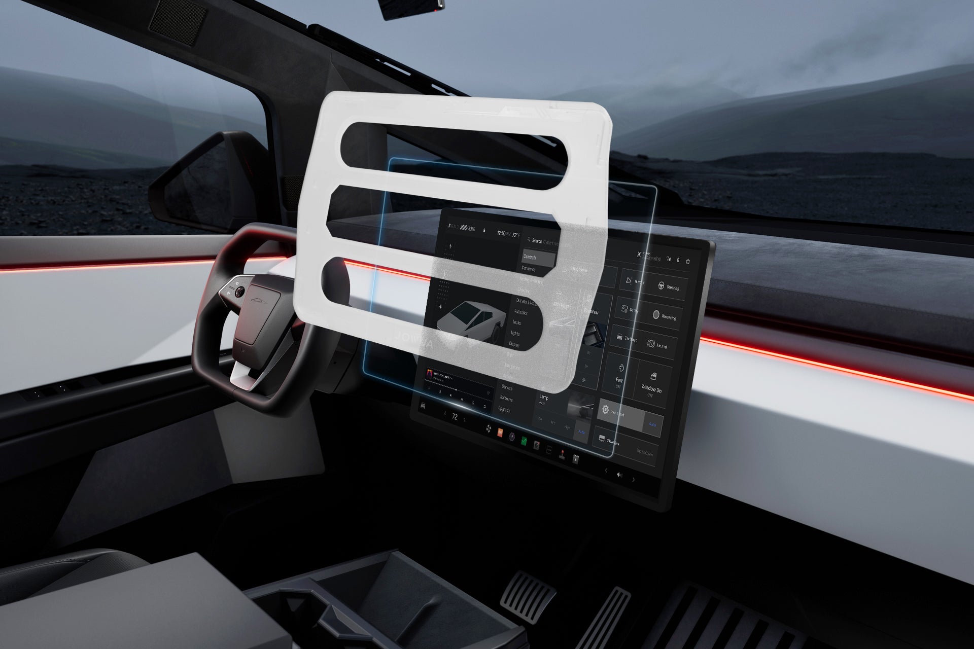 The futuristic vehicle interior showcases a sleek steering wheel, large touchscreen display with JOWUA's Tempered Glass Screen Protector for Cybertruck, minimalistic design enhanced by ambient lighting, 9H tempered glass durability, and oleophobic coating for a modern aesthetic.