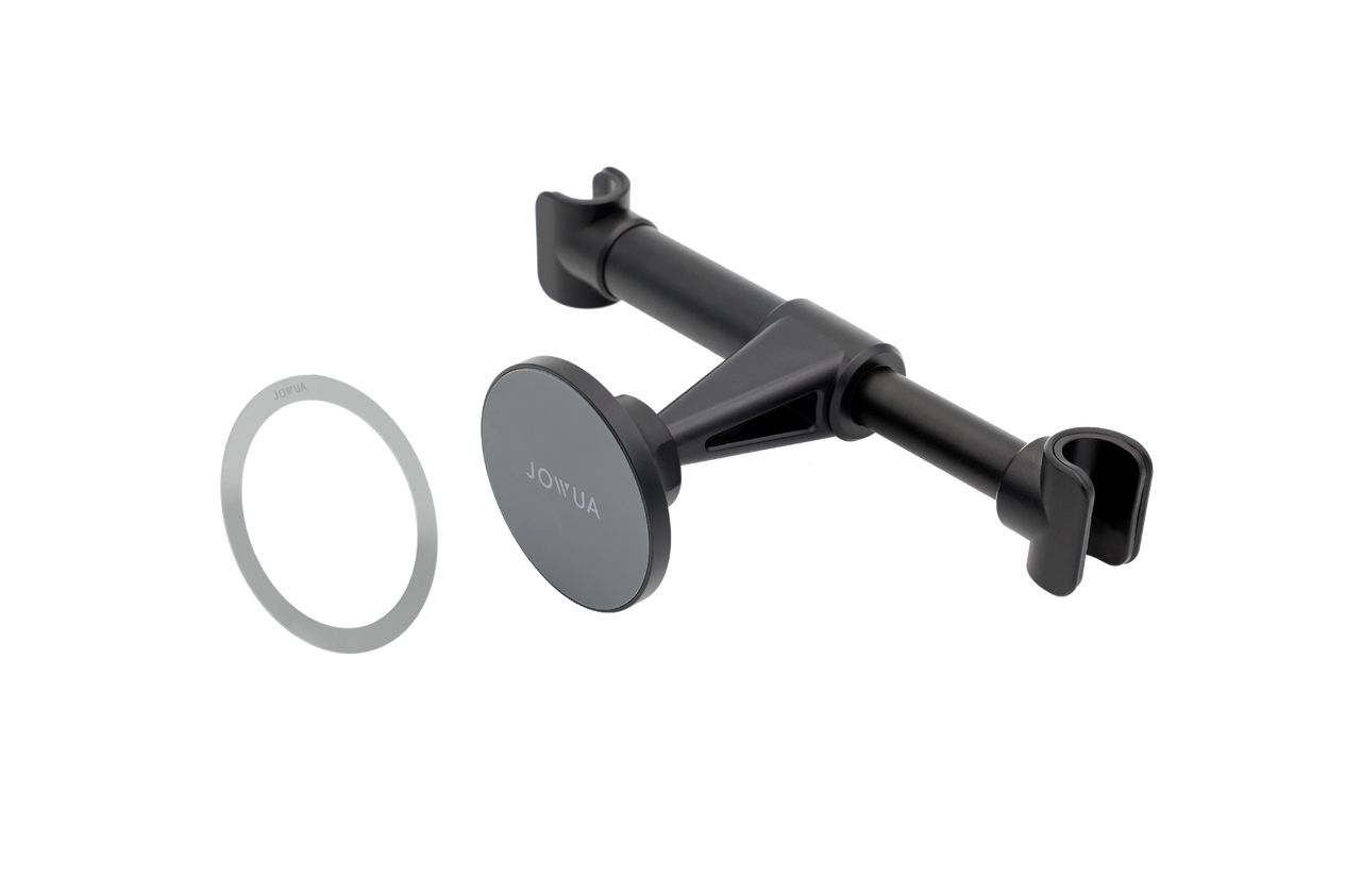The JOWUA Universal MagSafe Car Seat Holder in black showcases a retractable design with an adjustable arm and a circular MagSafe holder. It includes an additional metal ring for enhanced stability. The anti-slip design ensures secure attachment to a car