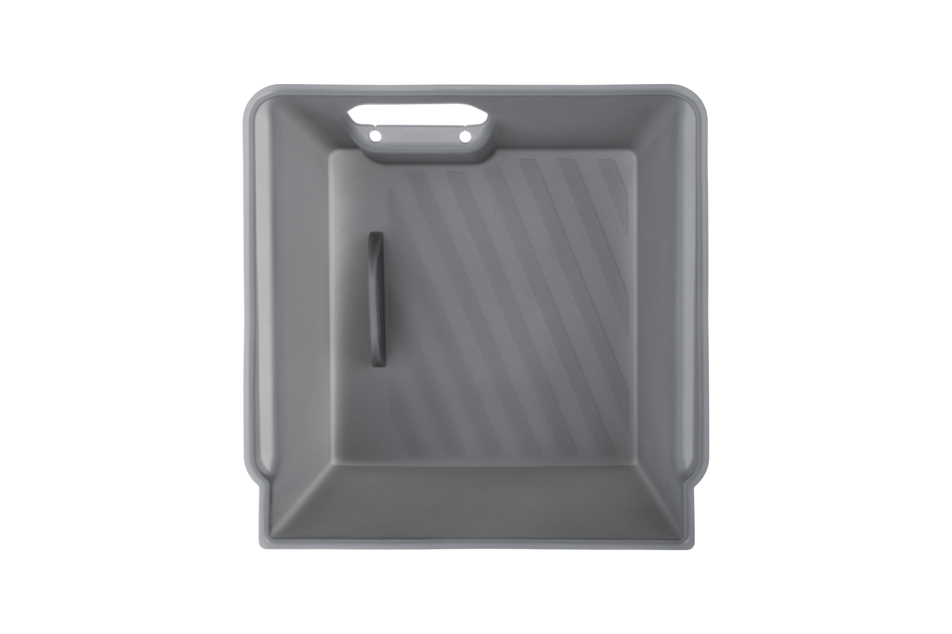 A gray square griddle with diagonal ridges, a side handle, and an opening opposite it is set against a green background. This piece is included in the JOWUA's Tesla Model Y Juniper (2025+) Advanced Bundle, ideal for upgrading your kitchen.