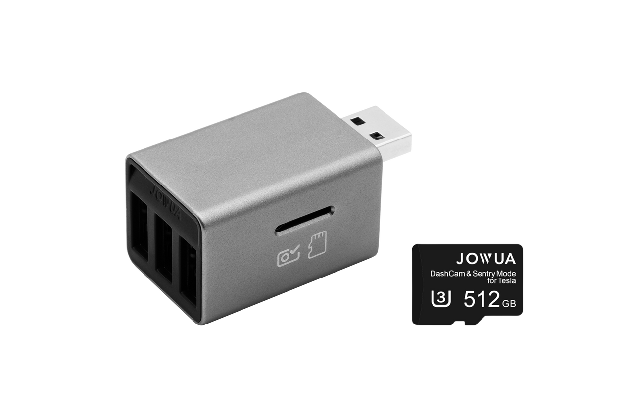The JOWUA 3 Port USB HUB with DashCam Reader is displayed alongside a 512GB microSD card. Featuring HiSpeed USB ports and an SD card slot, it is designed to efficiently support dashcam and sentry mode functions.
