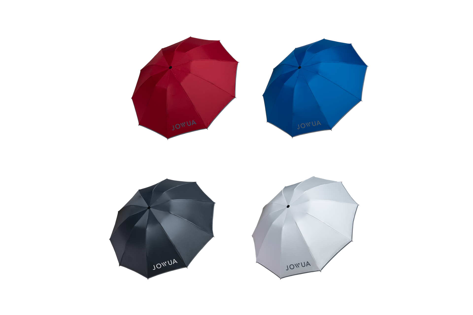 Four open JOWUA Tesla Color Matching Umbrellas (Anti-rebound Inverted) are displayed—one red, one blue, one black, and one white—each with the “JOWUA” logo printed on a panel. These stylish umbrellas feature water-repellent fabric and are arranged in a grid on a plain background.
