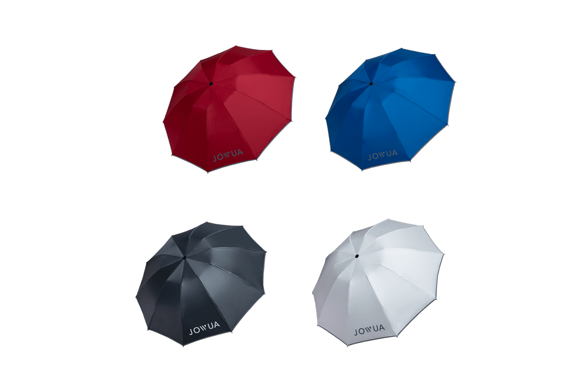 Four open JOWUA Tesla Color Matching Umbrellas (Anti-rebound Inverted) are displayed—one red, one blue, one black, and one white—each with the “JOWUA” logo printed on a panel. These stylish umbrellas feature water-repellent fabric and are arranged in a grid on a plain background.
