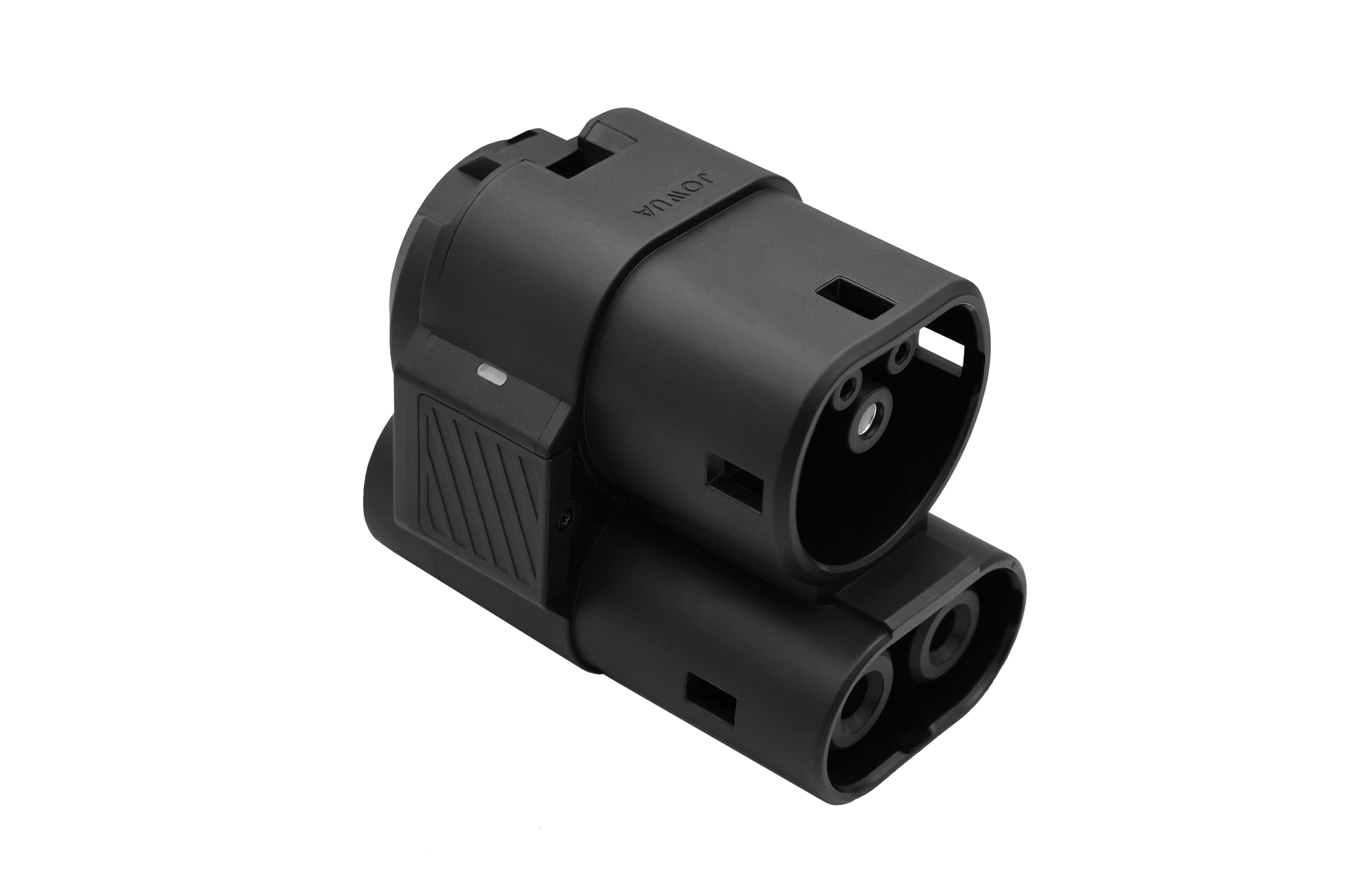 The JOWUA CCS1 to CCS2 Adapter features a compact and rectangular design with multiple round sockets and engraved text, making it ideal for industrial or automotive applications, especially in electric vehicles using the CCS2 standard for DC fast charging.