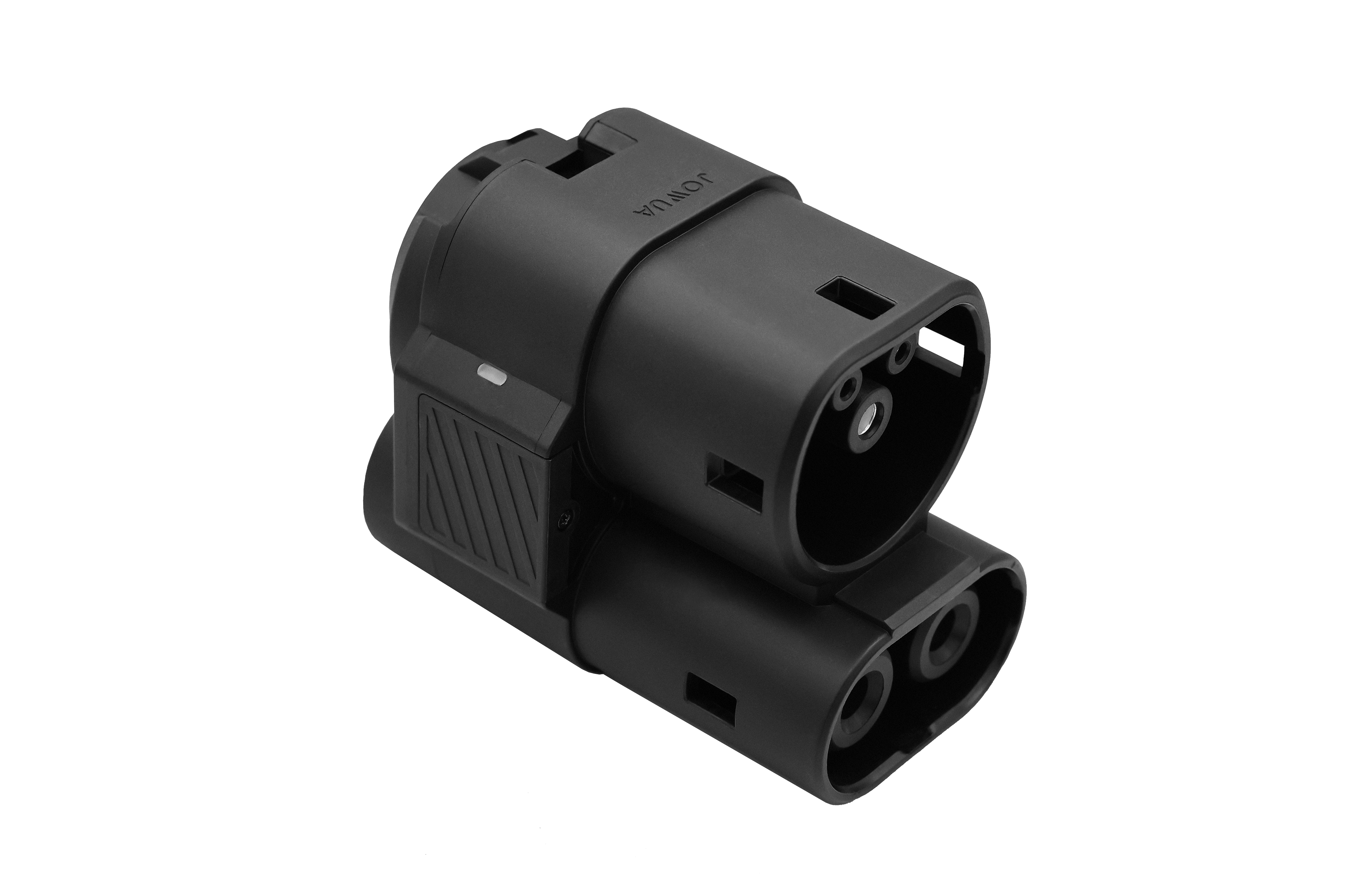 The JOWUA CCS1 to CCS2 Adapter features a compact and rectangular design with multiple round sockets and engraved text, making it ideal for industrial or automotive applications, especially in electric vehicles using the CCS2 standard for DC fast charging.