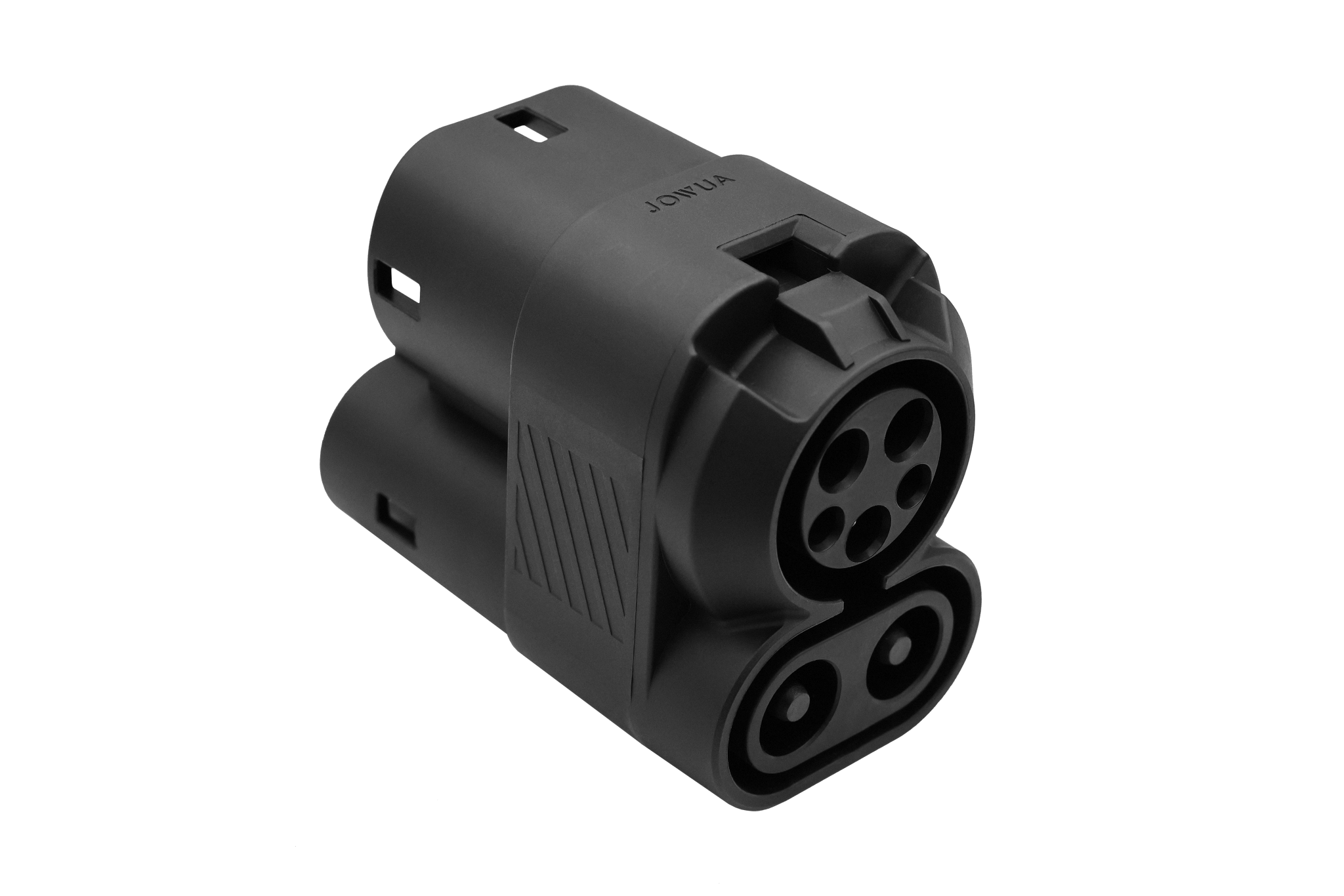 A JOWUA CCS1 to CCS2 Adapter, suitable for CCS2 electric vehicles, features a sleek, black cylindrical design with multiple circular ports and is displayed on a plain black background.
