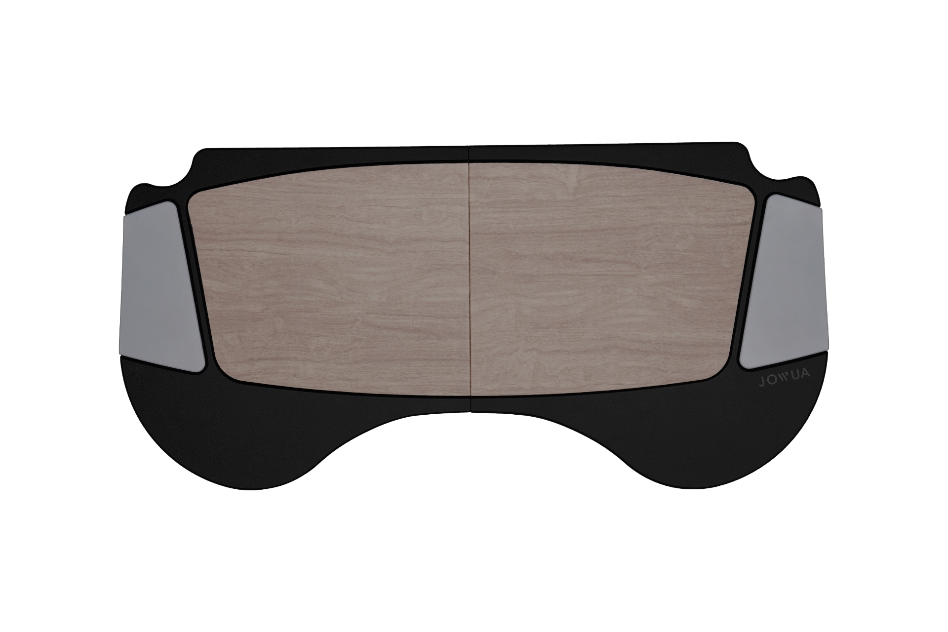 Introducing the JOWUA Foldable Car Tray for Tesla, featuring a light wood center with black and gray edges. Expertly crafted from premium materials, this accessory is ideal for Tesla Model S/3/X/Y. It attaches easily to the steering wheel, providing a convenient surface for work or dining.
