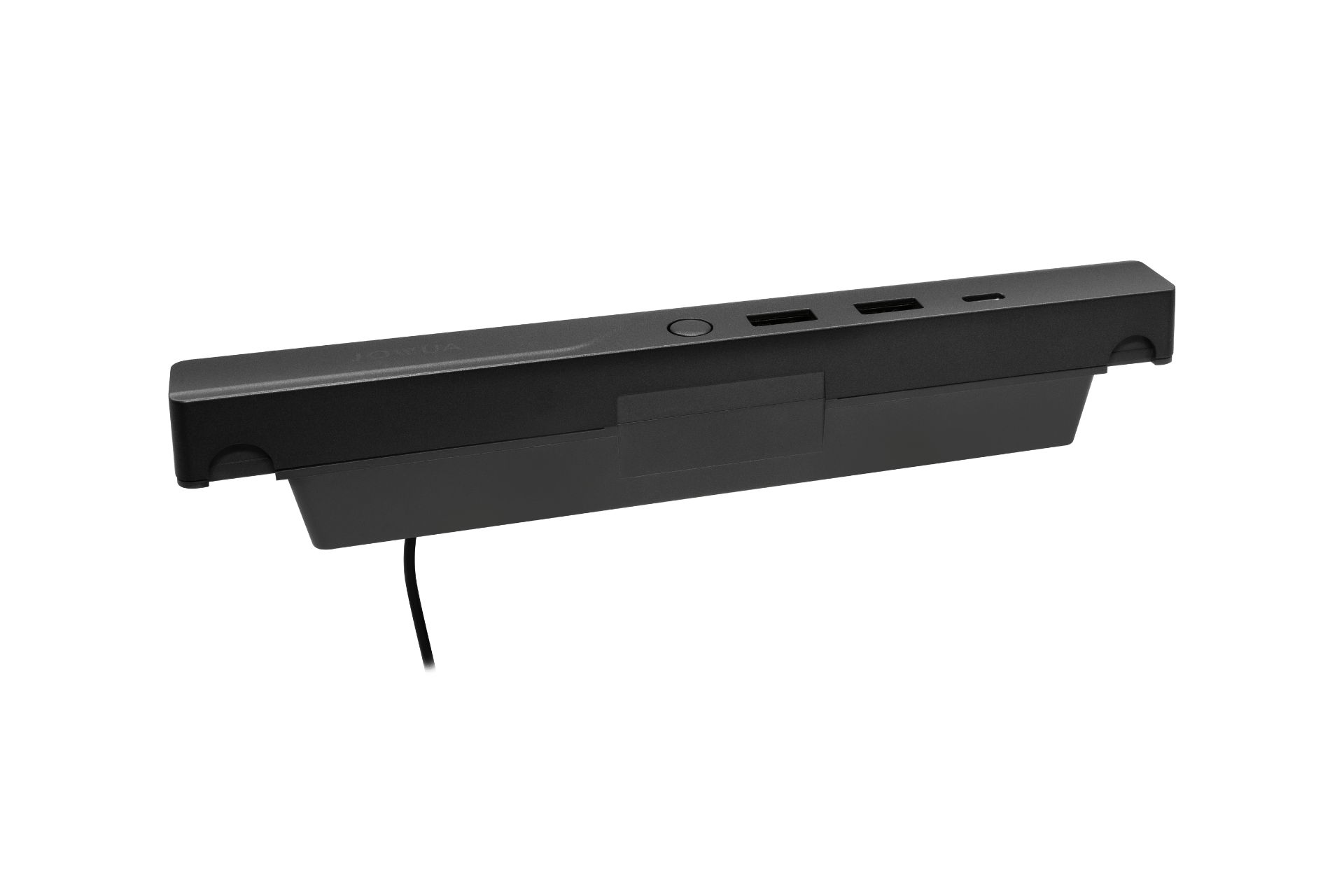 The JOWUA Hub Bar Mini for Tesla Model S/X is a black rectangular USB-C hub with multiple ports, a top button, and a left-side cable, featuring a unique bottom section, set against a plain white background.
