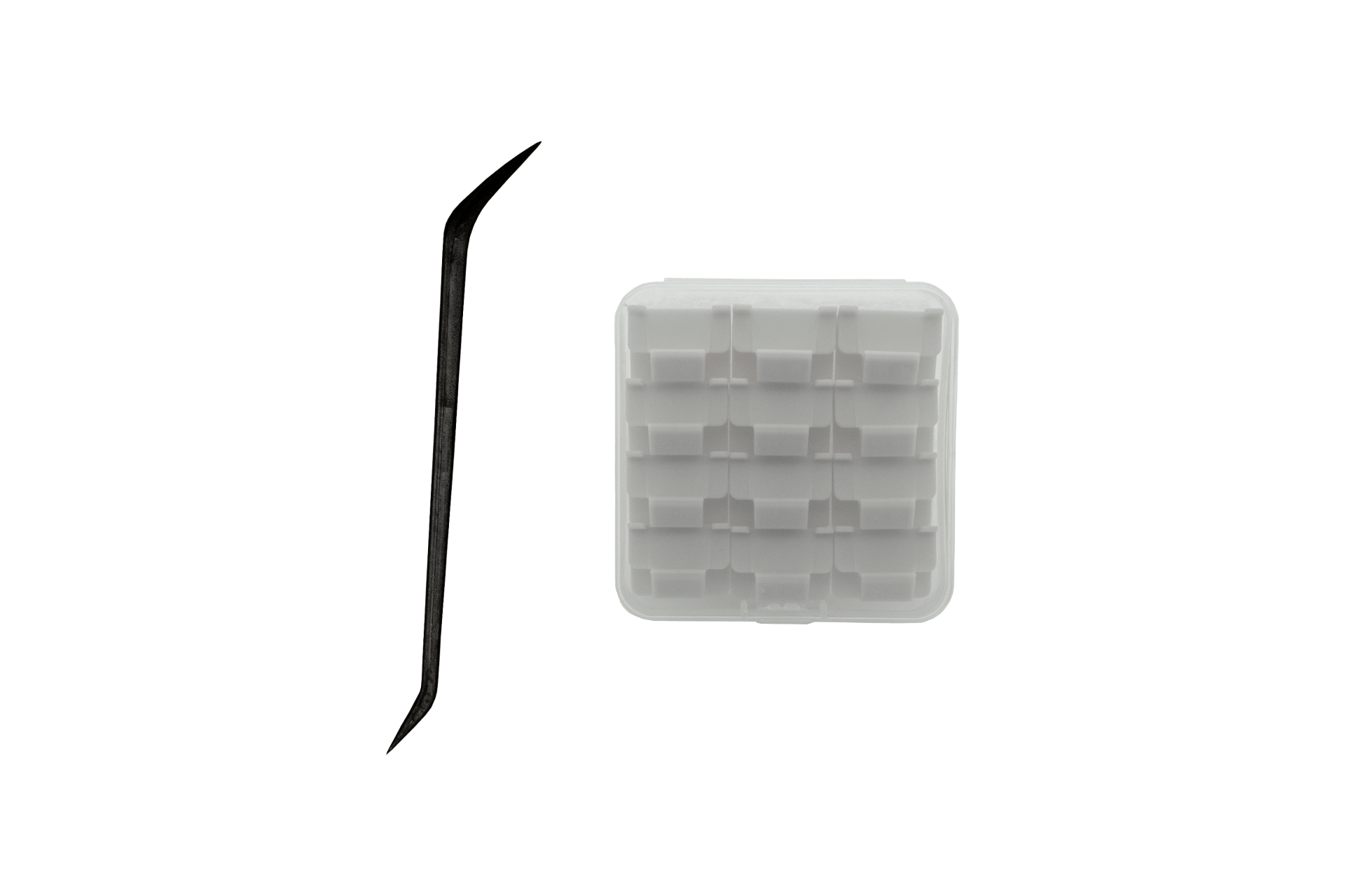 Close-up of a black dental tool with a curved tip next to a small, rectangular white plastic tray with multiple compartments, showcasing the precision found in JOWUA's Sunshade Clips installations, against a black background.