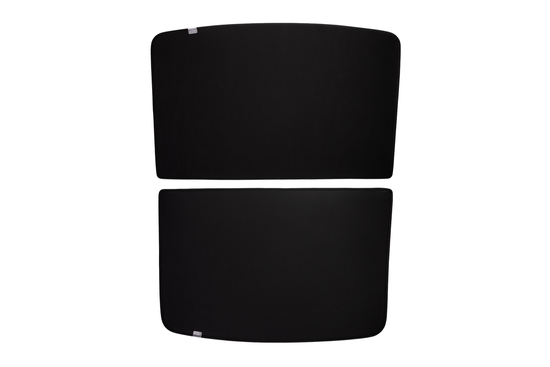 The JOWUA All Model Y Glass Roof Sunshade (Juniper 2025+ / 2021-2024) features two vertically arranged black rectangles with rounded corners against a black background, resembling sleek sunshades. A small silver tab adorns each top left corner, indicating their UV protection capability.