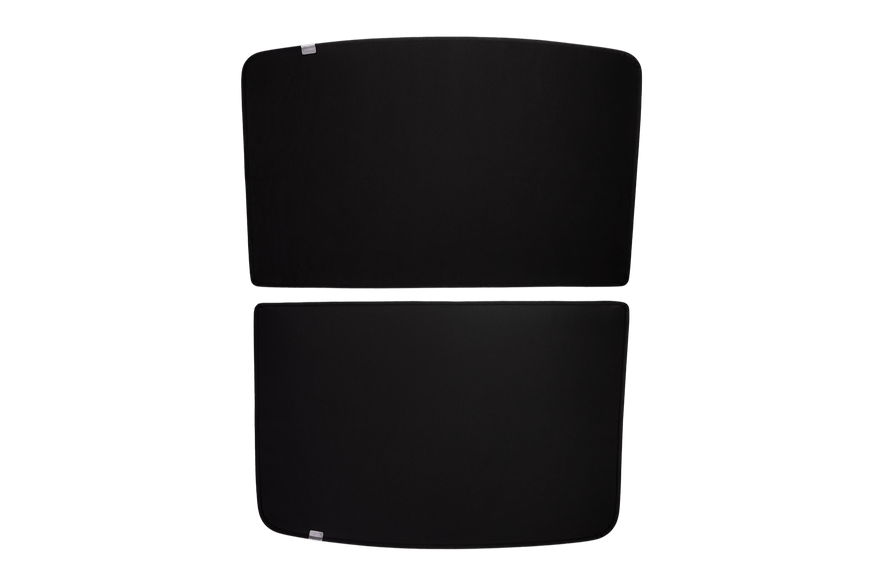 The JOWUA All Model Y Glass Roof Sunshade (Juniper 2025+ / 2021-2024) features two vertically arranged black rectangles with rounded corners against a black background, resembling sleek sunshades. A small silver tab adorns each top left corner, indicating their UV protection capability.