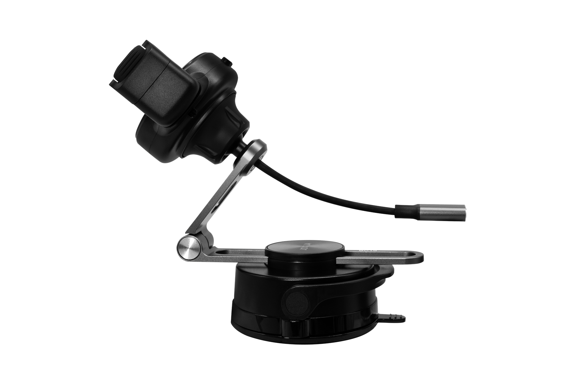 The JOWUA 6D Tesla Compatible Invisible Foldaway Car Mount Qi2 Wireless Charger, shown in black with adjustable metal arms, suction cup base, and attached cable, offers fast MagSafe charging for Tesla S/3/X/Y/Cybertruck.