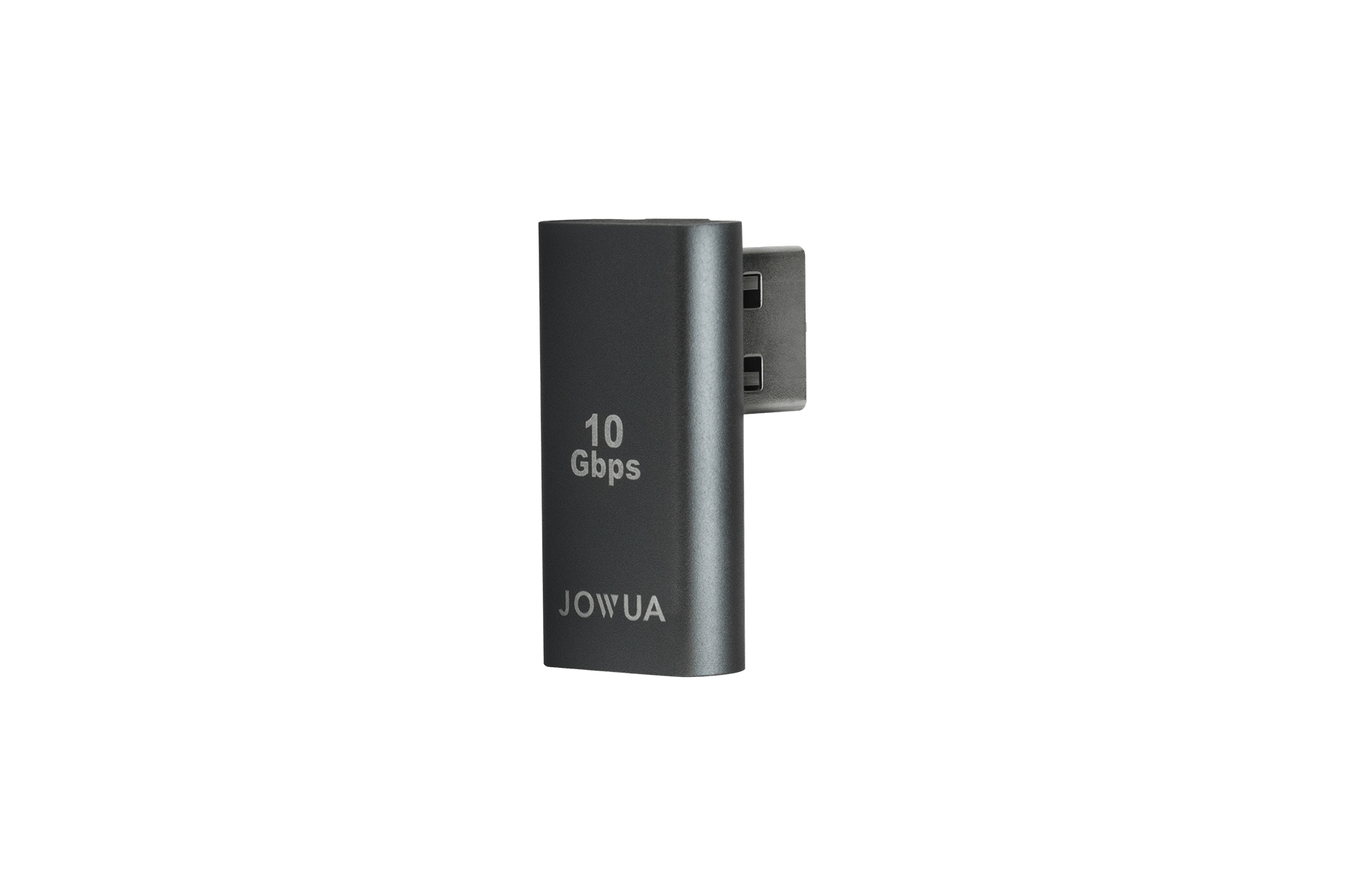 The L-shaped USB-A Adapter for the Tesla Reengineered Model 3 Highland (2024+), designed by JOWUA, features "10 Gbps" on its sleek black and metal exterior. Its SuperSpeed USB technology ensures ultra-fast data transfer, perfectly complementing your Tesla drive needs against a solid green background.