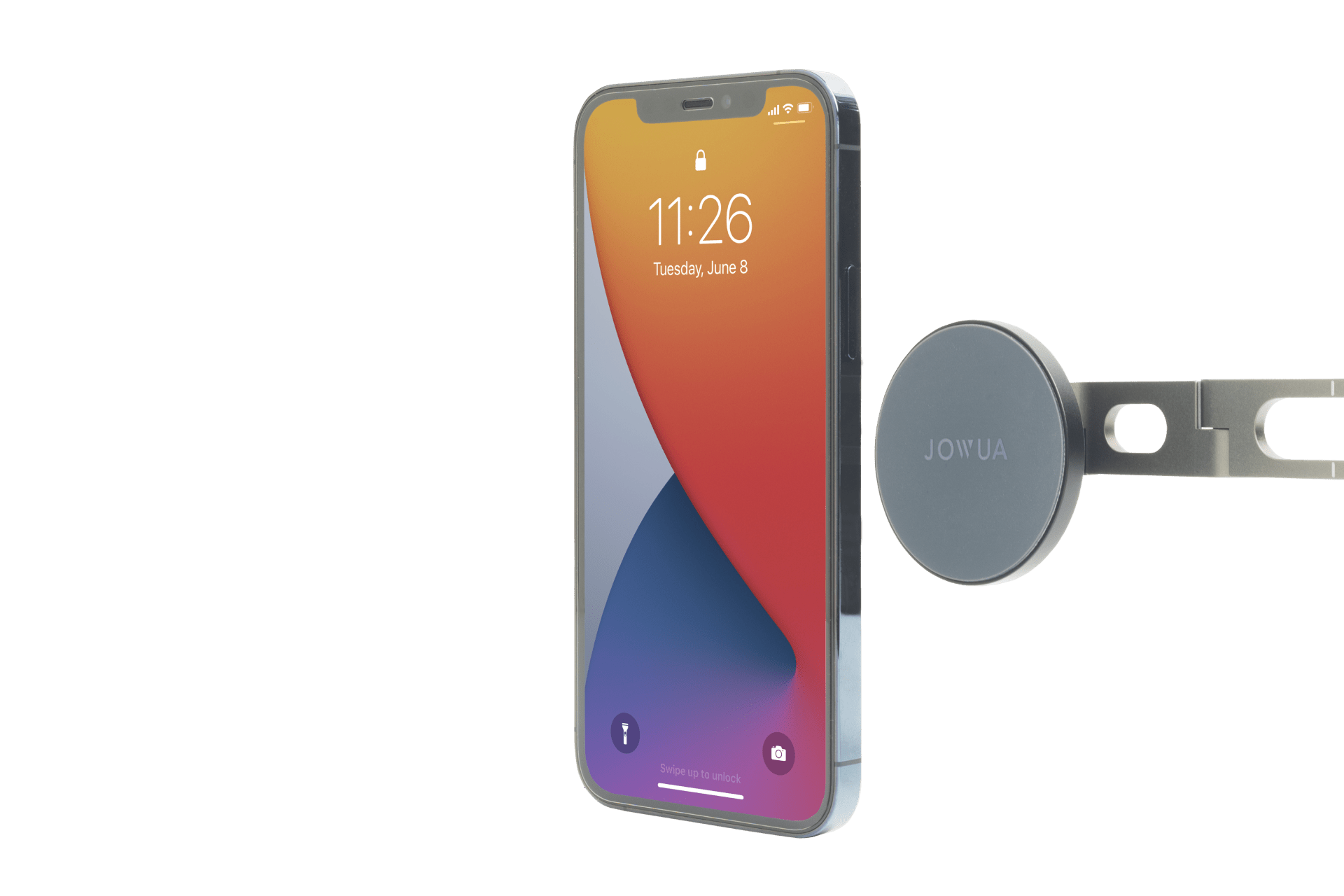 A smartphone stands upright beside a JOWUA Active Cooling Tesla Compatible Phone Mount (S/3/X/Y/Cybertruck) with Qi2 wireless charging, attached to a metal bracket, all set against a white background.