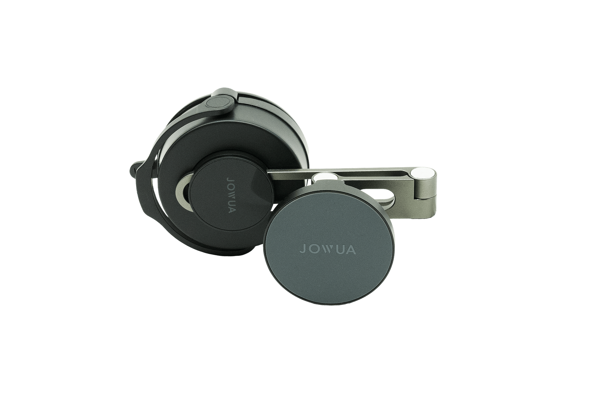 A sleek, black and silver circular JOWUA Active Cooling Tesla Compatible Phone Mount (S/3/X/Y/Cybertruck) with MagSafe charging magnetic mount and adjustable arm, displayed against a plain white background.