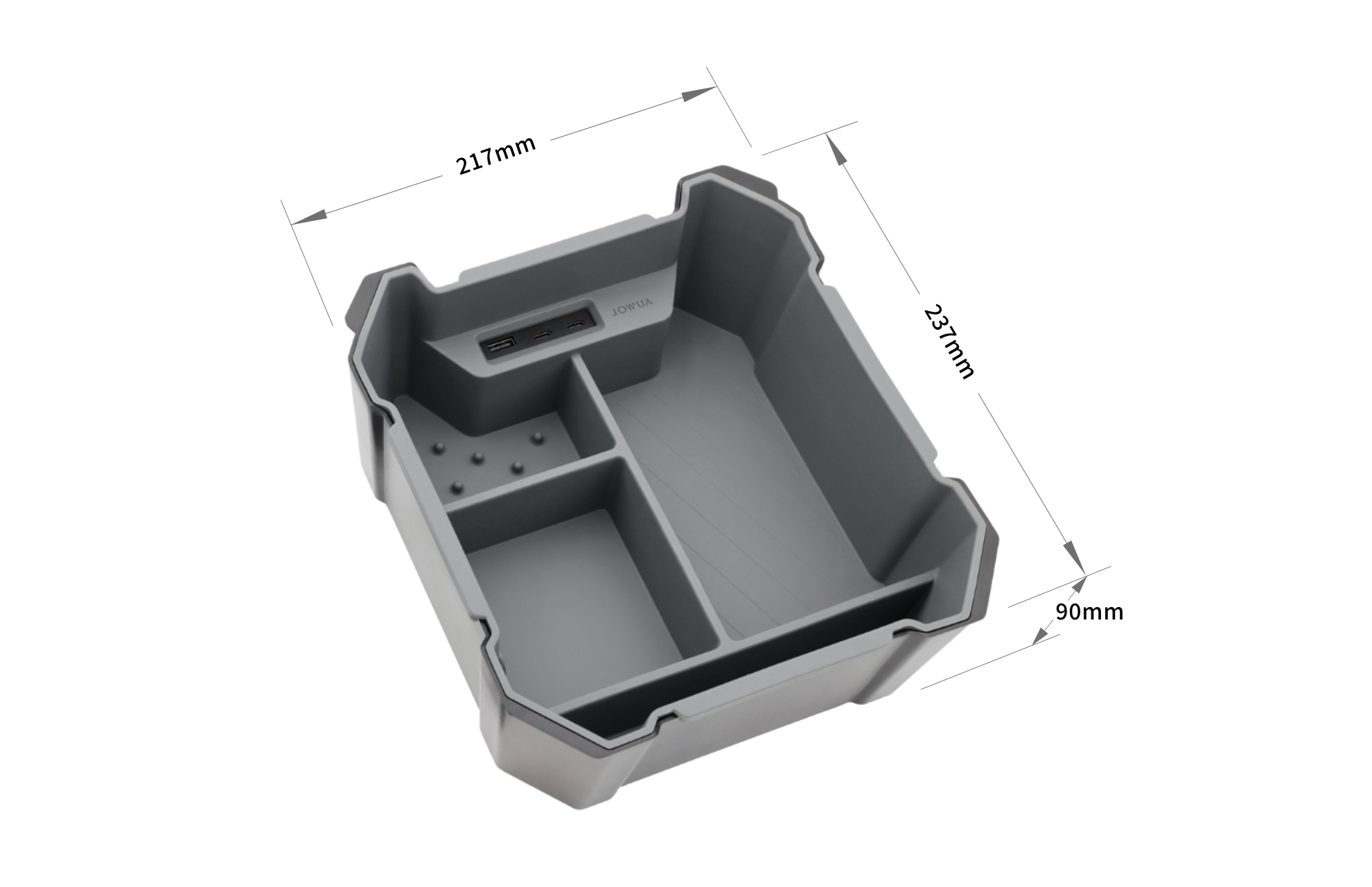 The JOWUA Center Console Set for Tesla Cybertruck includes a gray rectangular organizer bin with multiple compartments, dividers, raised bumps, indented grips on the sides, and an open top. Crafted from premium silicone, its measurements are marked with arrows around the bin.