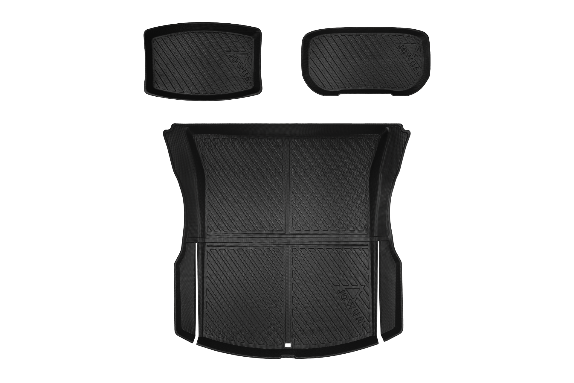 The JOWUA Model 3 / Reengineered Model 3 All Weather Trunk Liners, designed for the Tesla Model 3, come in a set featuring textured parallel grooves for grip and durability. This set includes two smaller mats for the front seats and one larger mat for the rear area, all placed on a neutral background.