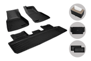On the left, JOWUA Model Y All-Weather Floor Liners Combo (Juniper/RHD) and on the right, three round images show a tissue box, storage box with patented holder, and two car window shades—versatile Tesla Model Y accessories.