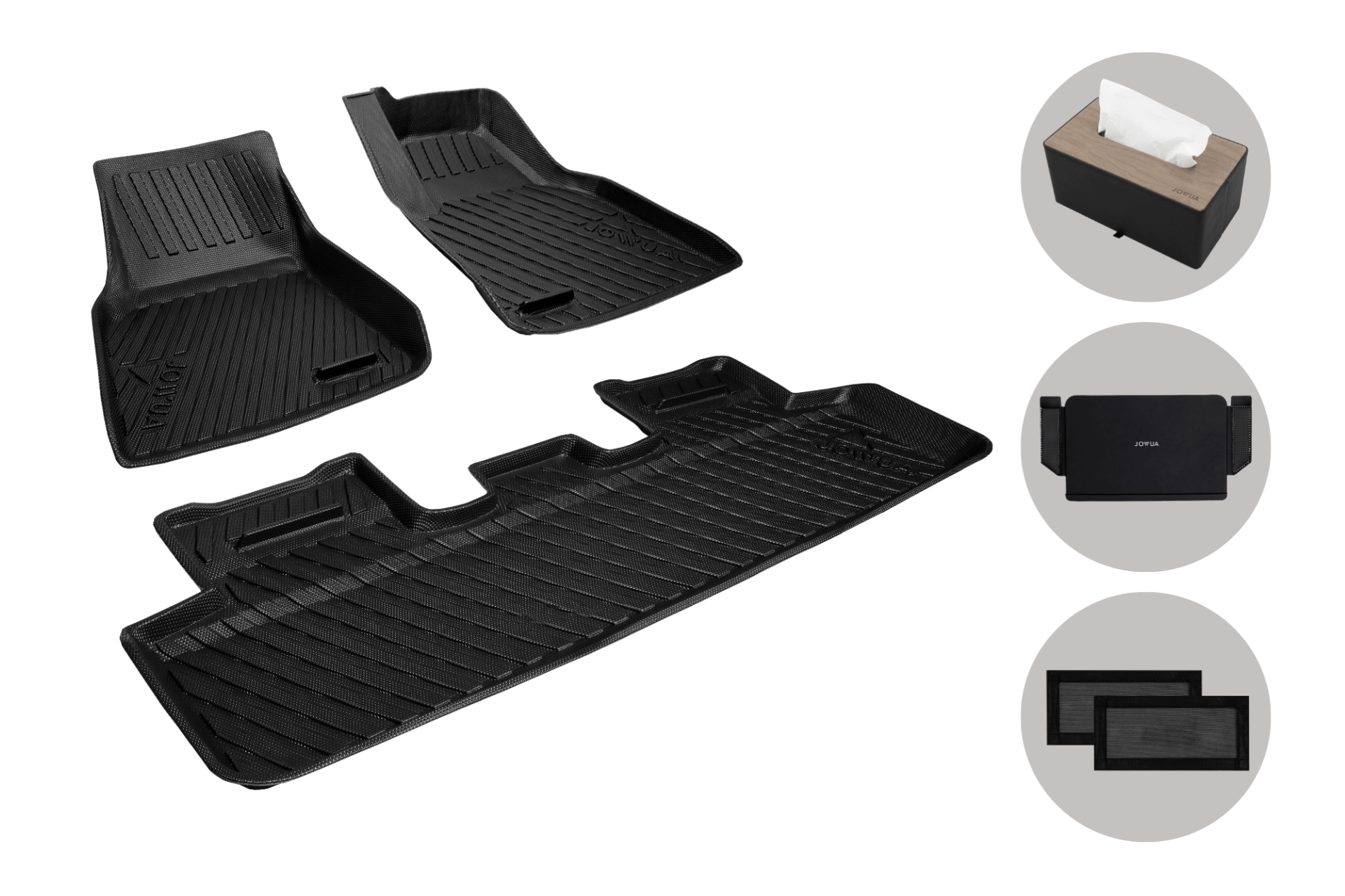 Enhance your Tesla Model Y with JOWUA's Advanced Bundle for the 2025+ right-hand drive: black floor mats tailored for your car, three circular images featuring a sleek black tissue box with a wooden lid, matching container, and two rectangular frames.