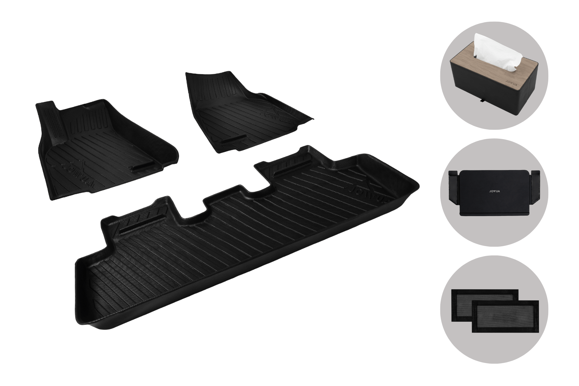 On the left is the JOWUA Model Y (Juniper 2025+) All-Weather Floor Liners Combo, and on the right are images of a JOWUA Tissue Box Holder, foldable storage organizer, and two sunshades.