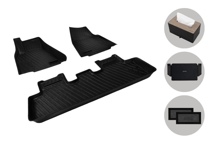 JOWUA's All Model Y All-Weather Floor Liners Combo (2021-2025) is showcased with insets featuring a rectangular tissue box, a black pouch, and two black rectangular mesh organizers. These essential accessories keep your Tesla Model Y organized and stylish.