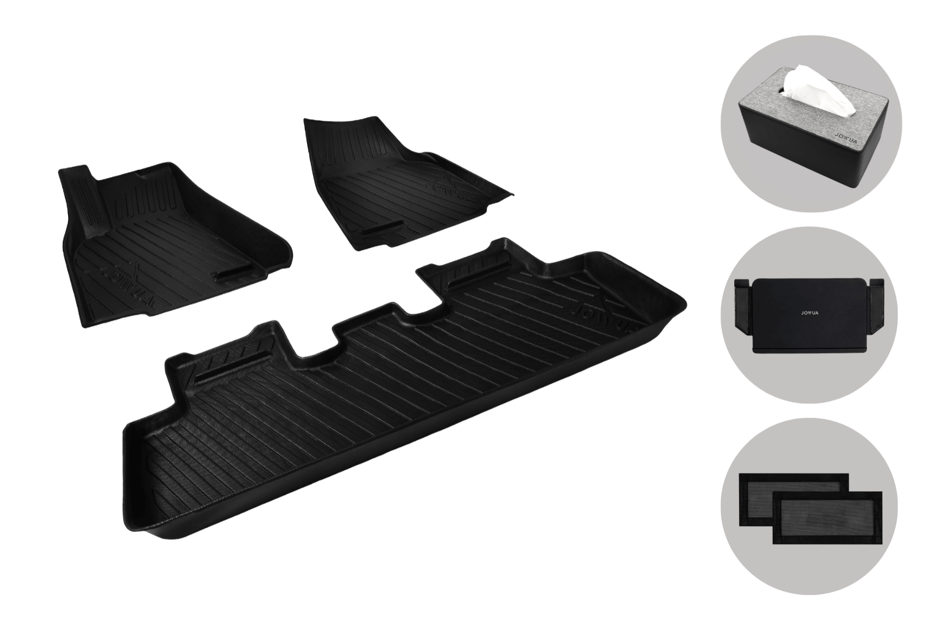 On the left, JOWUA Model Y (2021-2024) All-Weather Floor Liners Combo is displayed; on the right, round images show a tissue box, black pouch, and two rectangular air filters.