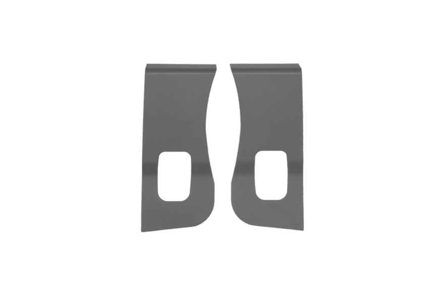 A pair of metal brackets with rectangular cutouts designed for mounting or securing objects are shown in gray, positioned side by side against a plain background. They are perfect for supporting the JOWUA Foldable Car Tray for Tesla, enhancing your vehicle's organization.