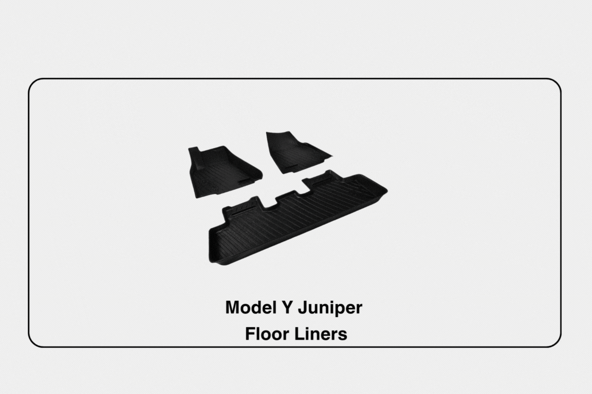 JOWUA's All-in-One Interior Upgrade Set (RHD Version) for Model Y Juniper (2025+) is shown in black on a white background, with three arranged pieces and "Model Y Juniper Floor Liners" displayed below.