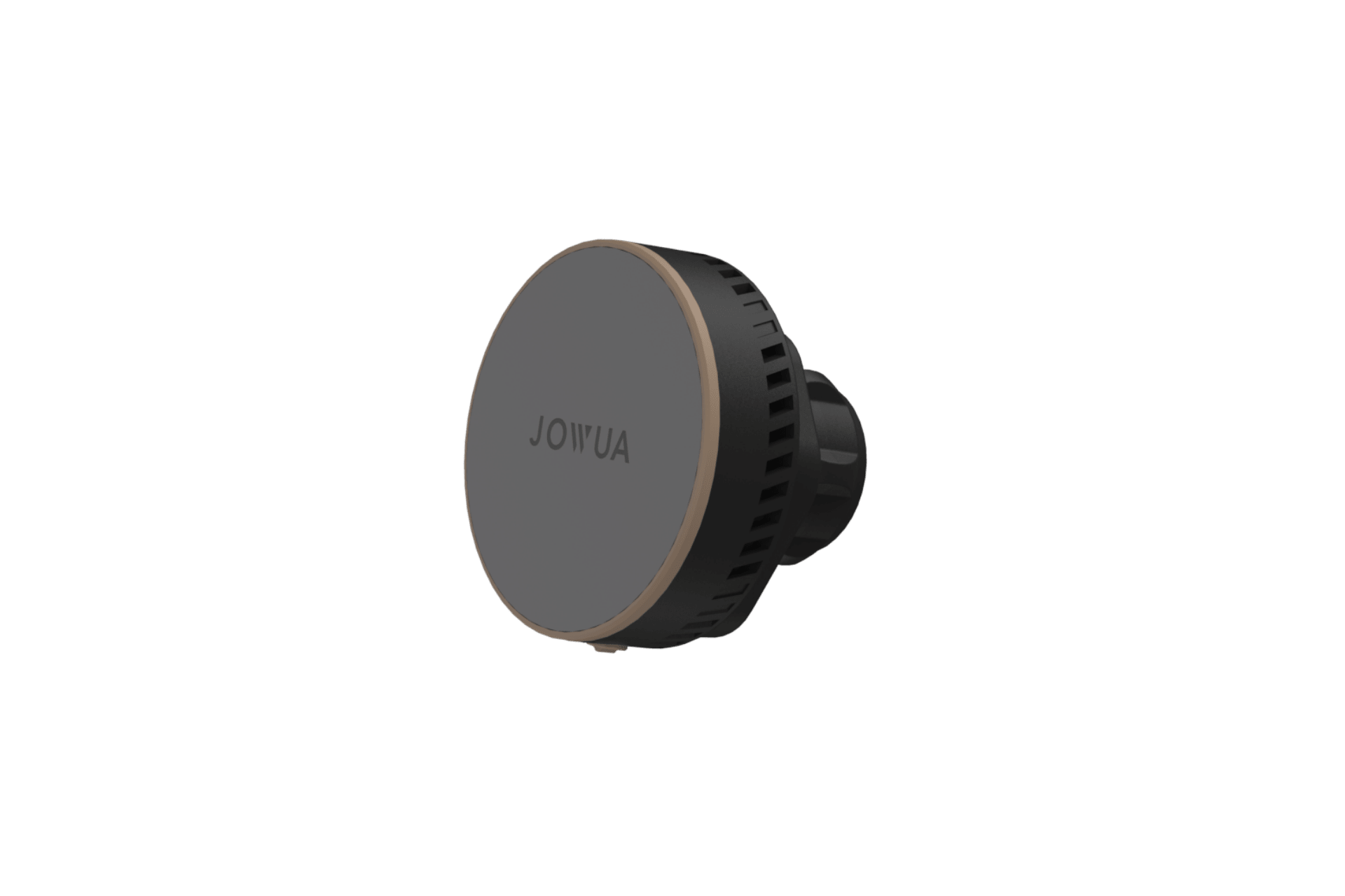 A black, round JOWUA RMA - Active Cooling Mount Replacement Part with a gold rim for car air vents, offering a secure and stylish hands-free phone mount.