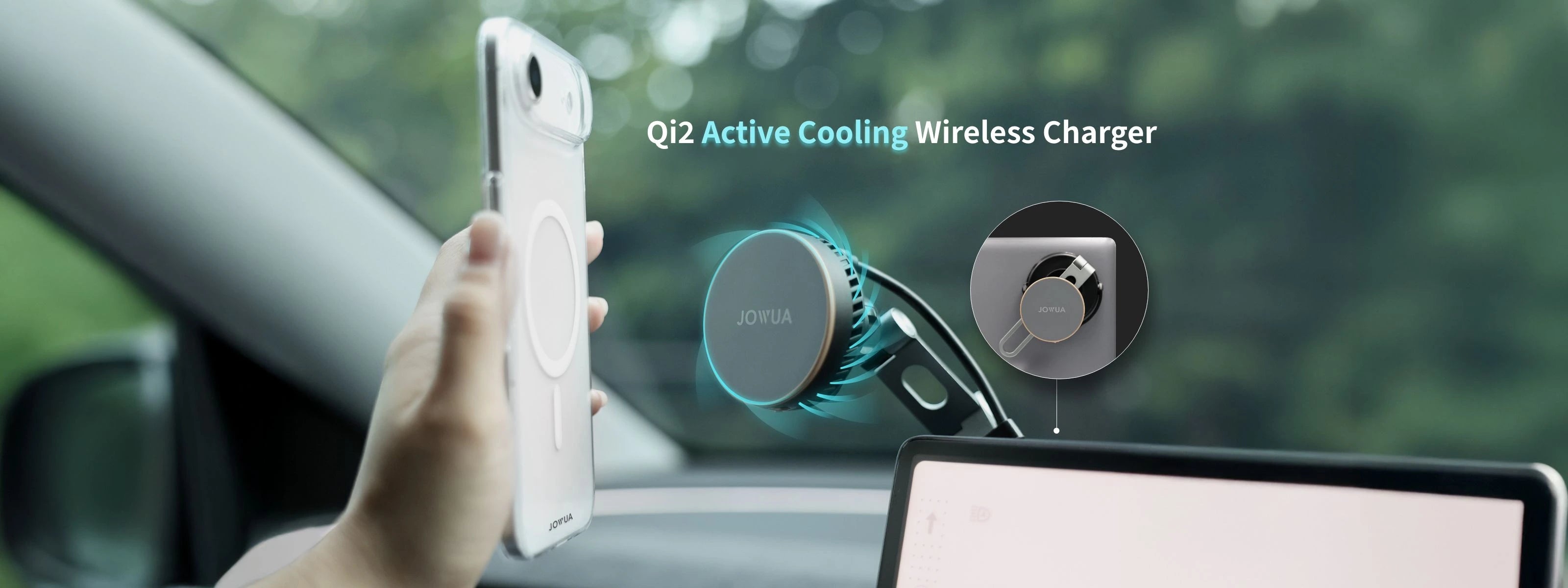 QI2 Active Cooling Wireless Charger in use inside a car with a phone held above it.