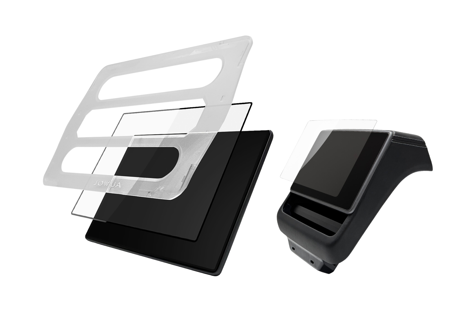 Exploded view of a touchscreen device with layers like a screen, cover, and Qi2 wireless charging. The black casing mirrors the sleek design of the Tesla Model Y Juniper (2025+) Essential Bundle by JOWUA.