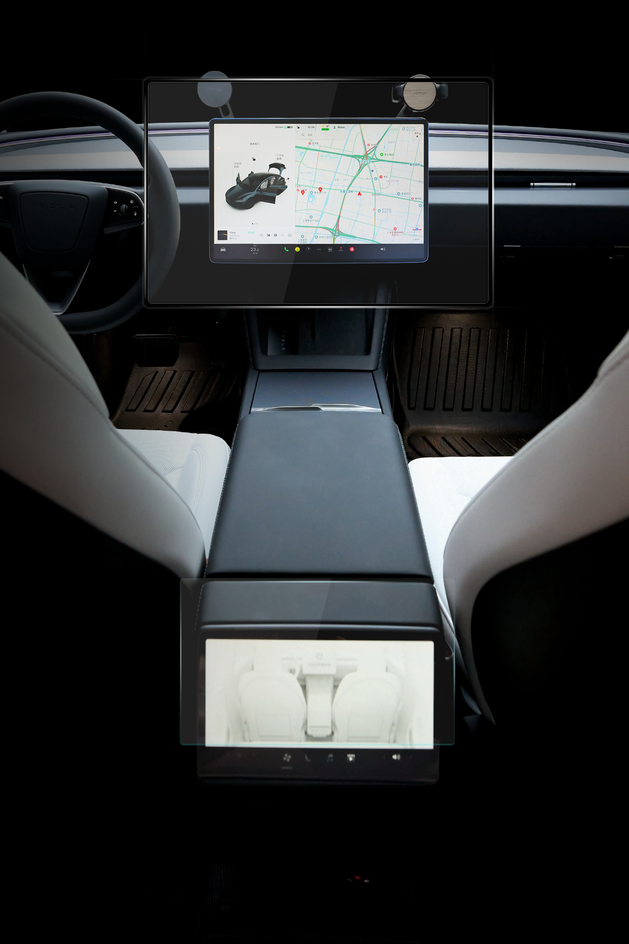 The sleek interior of the Model 3 Highland features two screens: a central display with map and car status, and a lower screen for seat controls. Elegant white seats, black floor mats, and a partially visible steering wheel complete the look.