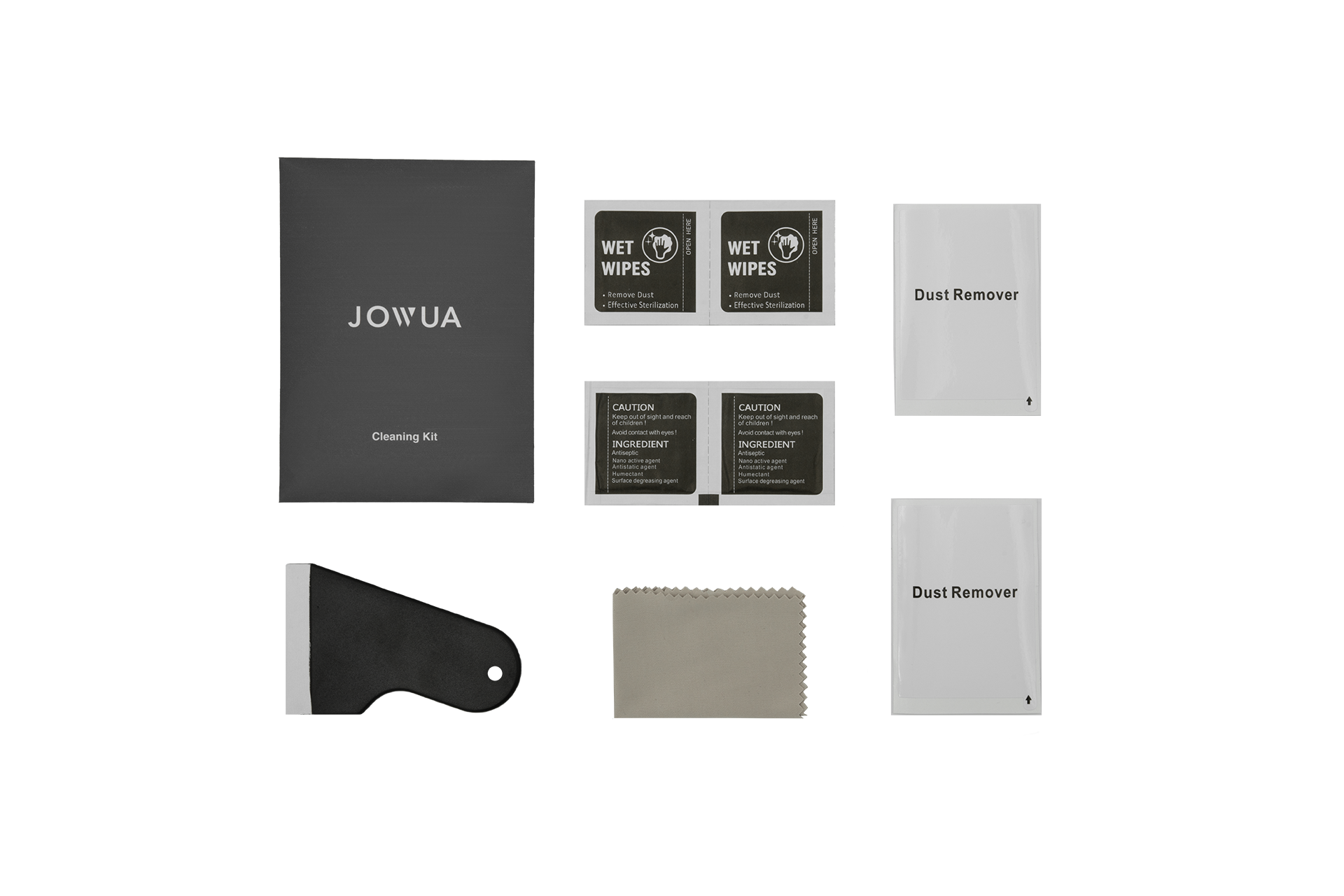 A JOWUA cleaning kit on a white surface includes a black pouch, two wet wipes, a microfiber cloth, dust remover stickers, and a small brush. Ideal for keeping your Tesla Model Y Juniper 2025+ or Model 3 Highland 2024+ interior pristine with the Tempered Glass Screen Protector.